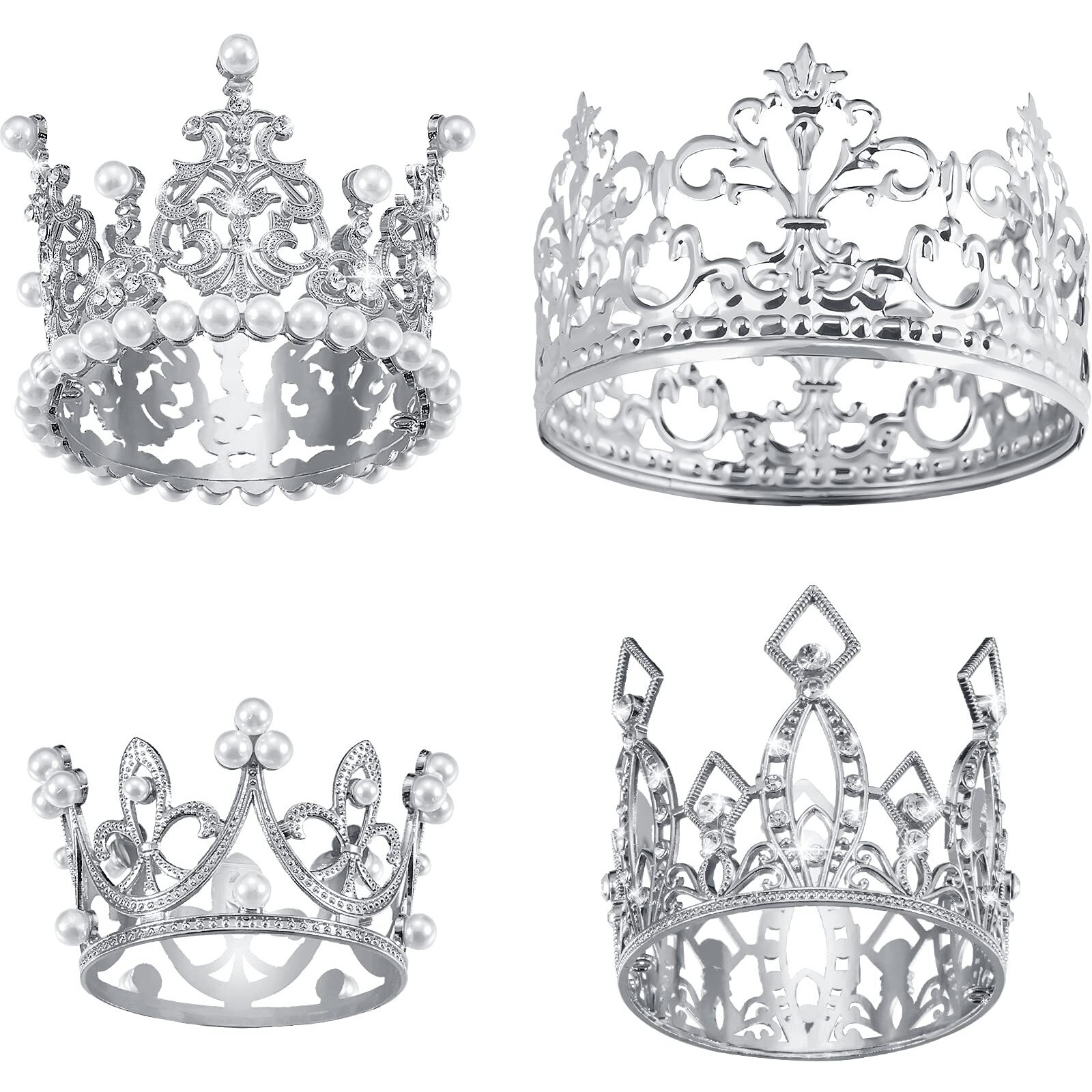 4 Pieces Silver Crown Cake Topper Birthday Mini Flower Bouquet Crown Cupcake Toppers Crystal Pearl Tiara Wedding Crown Cake Top Hair Ornament For Doll Flower Arrangements Wedding Baby Shower Decor