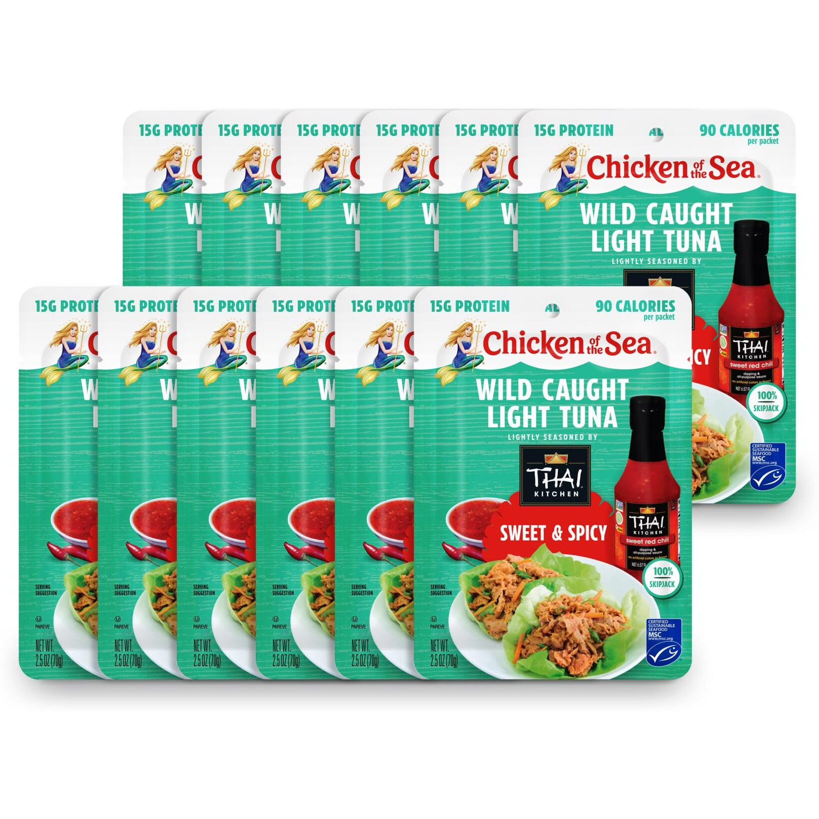 Chicken Of The Sea Wild Caught Light Tuna, 2.5 Ounce Packets (Box Of 12), Lightly Seasoned Sweet & Spicy