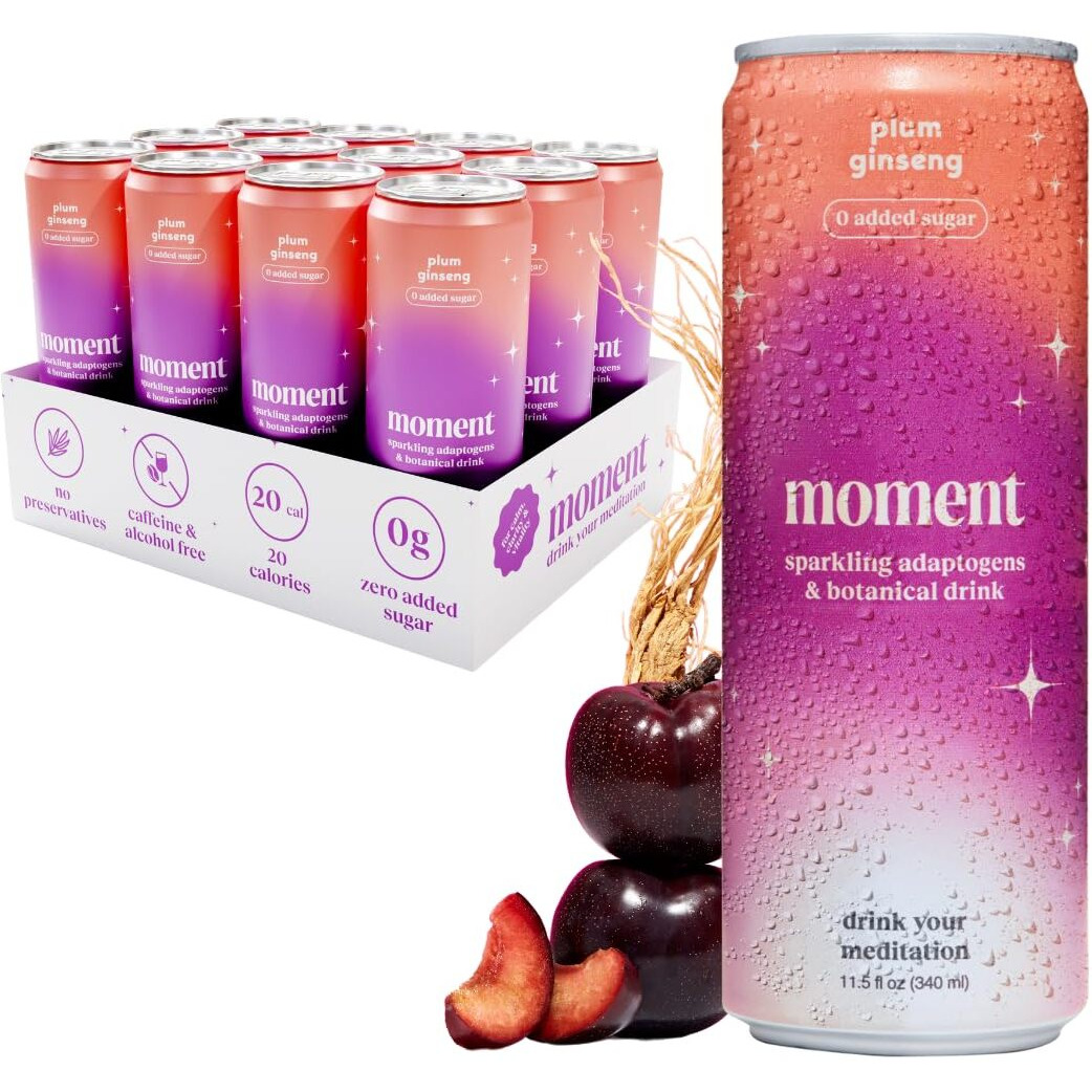 Moment Adaptogen Drink (Shark Tank) | Plum Ginseng Sparkling Soda | Flavored Sparkling Water | L-Theanine, Ashwagandha For Calm | Sugar Free Drinks, 0 Caffeine, 0 Alcohol | 12-Pack