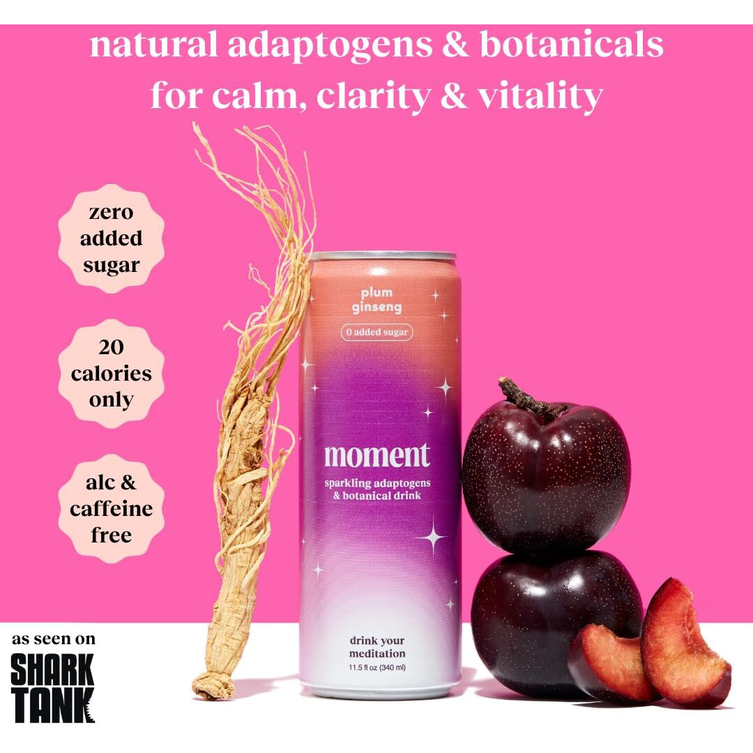 Moment Adaptogen Drink (Shark Tank) | Plum Ginseng Sparkling Soda | Flavored Sparkling Water | L-Theanine, Ashwagandha For Calm | Sugar Free Drinks, 0 Caffeine, 0 Alcohol | 12-Pack