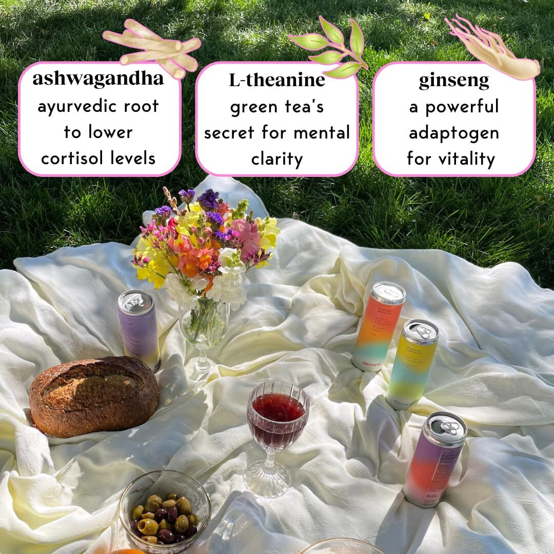 Moment Adaptogen Drink (Shark Tank) | Plum Ginseng Sparkling Soda | Flavored Sparkling Water | L-Theanine, Ashwagandha For Calm | Sugar Free Drinks, 0 Caffeine, 0 Alcohol | 12-Pack