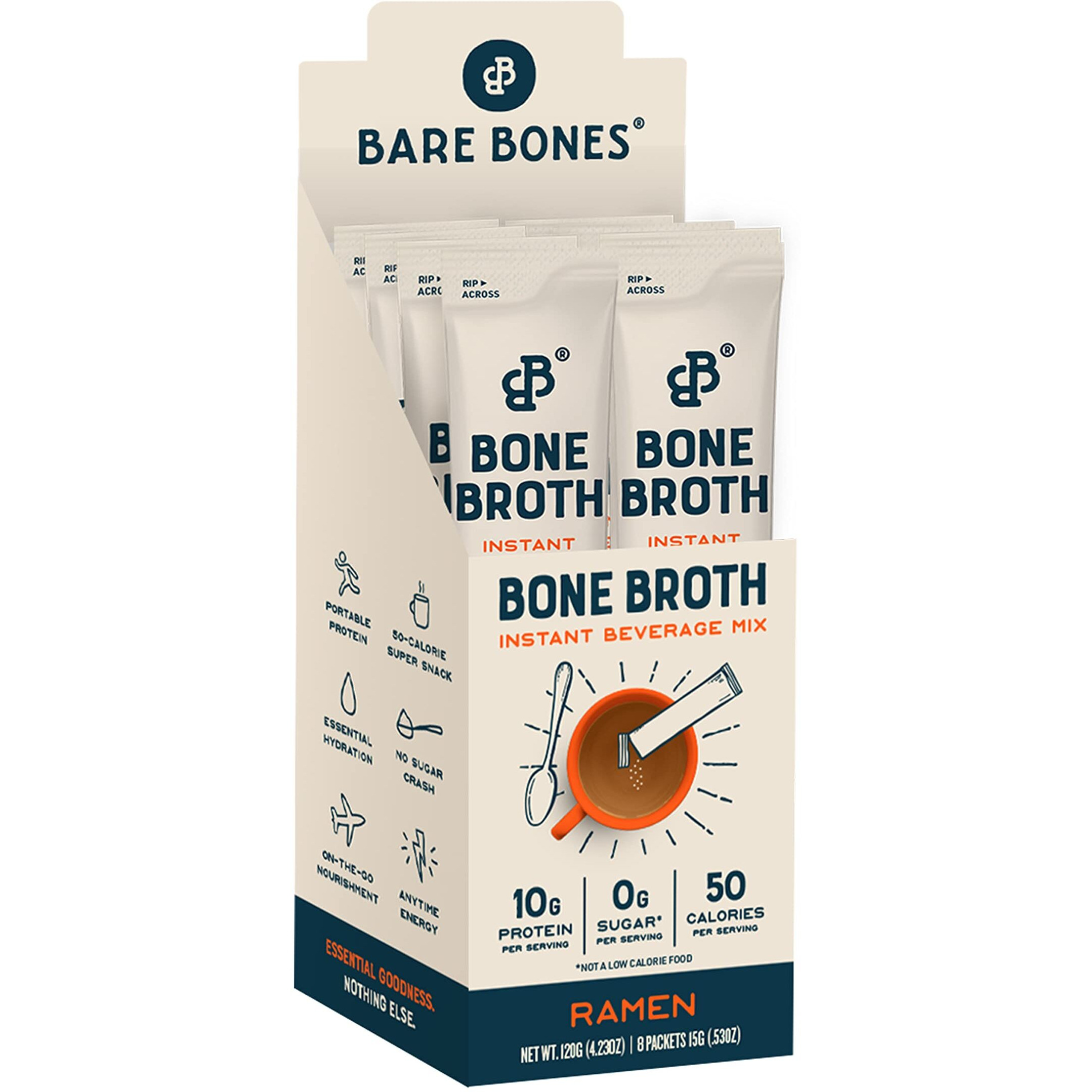 Bare Bones Bone Broth Instant Powdered Beverage Mix, Ramen, Pack Of 8, 15G Sticks, 10G Protein, Keto & Paleo Friendly, Non-Gmo, Gluten-Free, Dairy-Free
