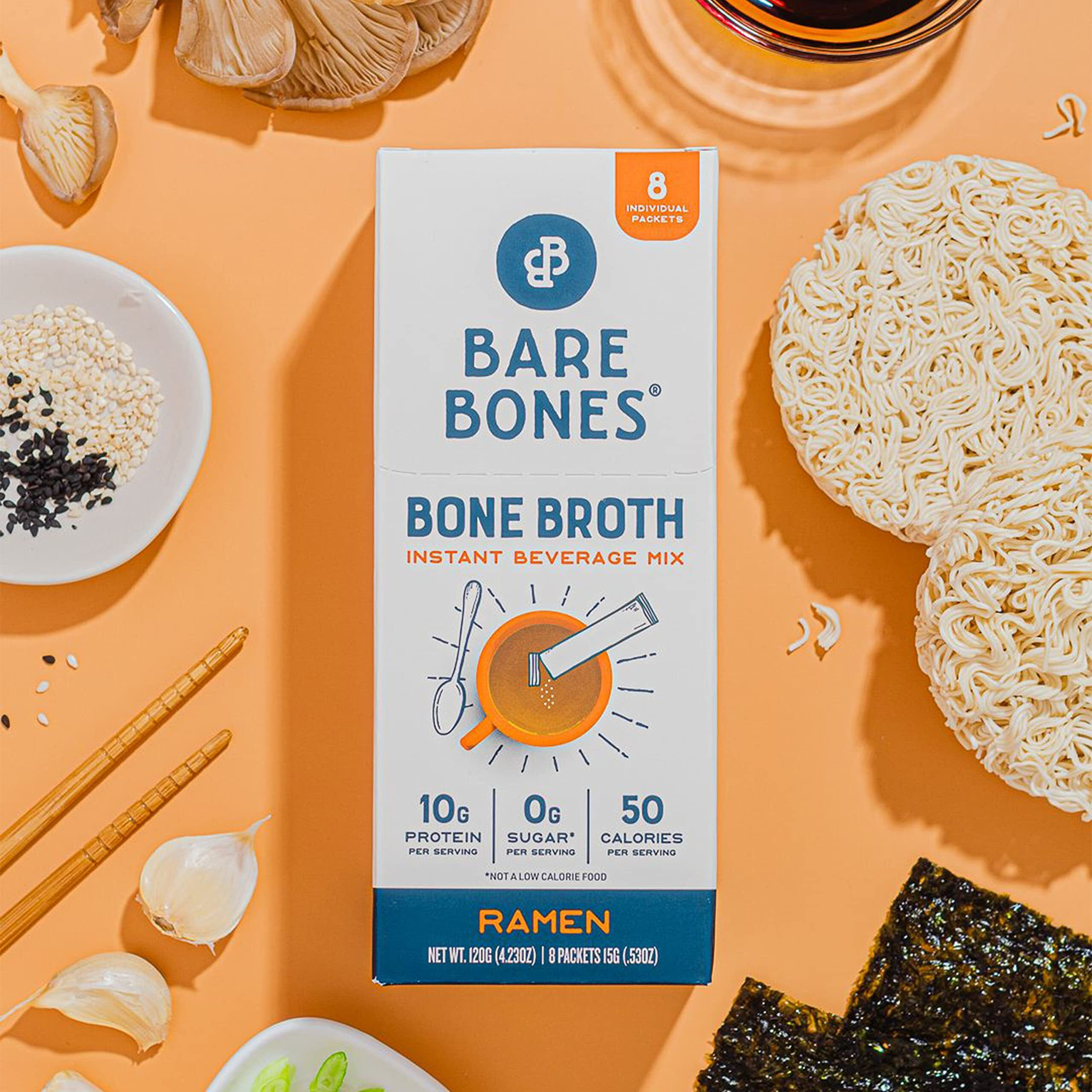 Bare Bones Bone Broth Instant Powdered Beverage Mix, Ramen, Pack Of 8, 15G Sticks, 10G Protein, Keto & Paleo Friendly, Non-Gmo, Gluten-Free, Dairy-Free