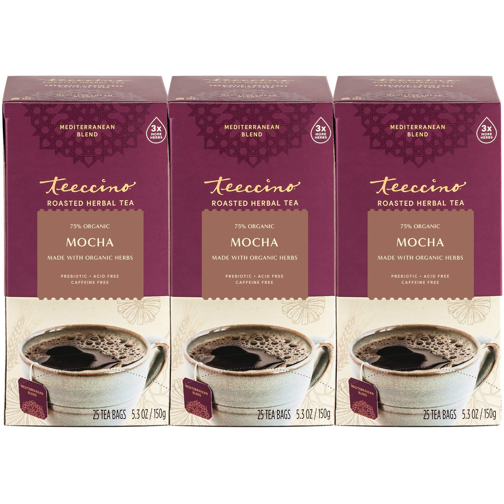 Teeccino Mocha Herbal Tea - Rich & Roasted Herbal Tea Thats Caffeine Free & Prebiotic For Natural Energy, 25 Tea Bags (Pack Of 3)