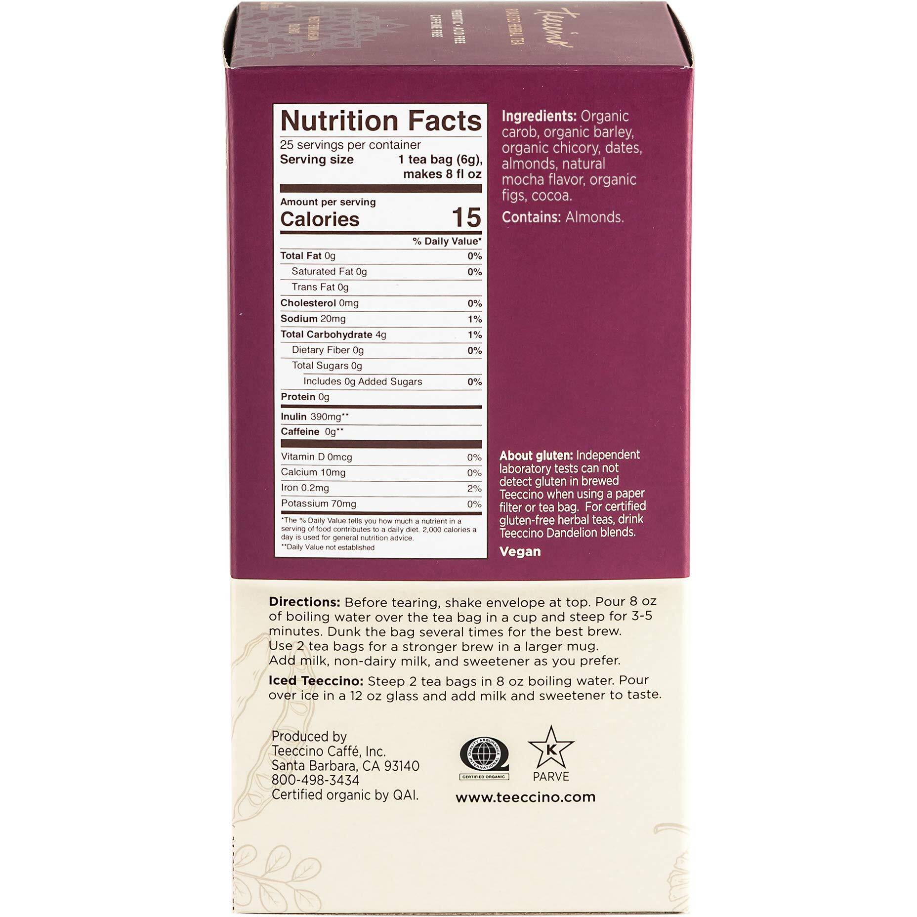 Teeccino Mocha Herbal Tea - Rich & Roasted Herbal Tea Thats Caffeine Free & Prebiotic For Natural Energy, 25 Tea Bags (Pack Of 3)