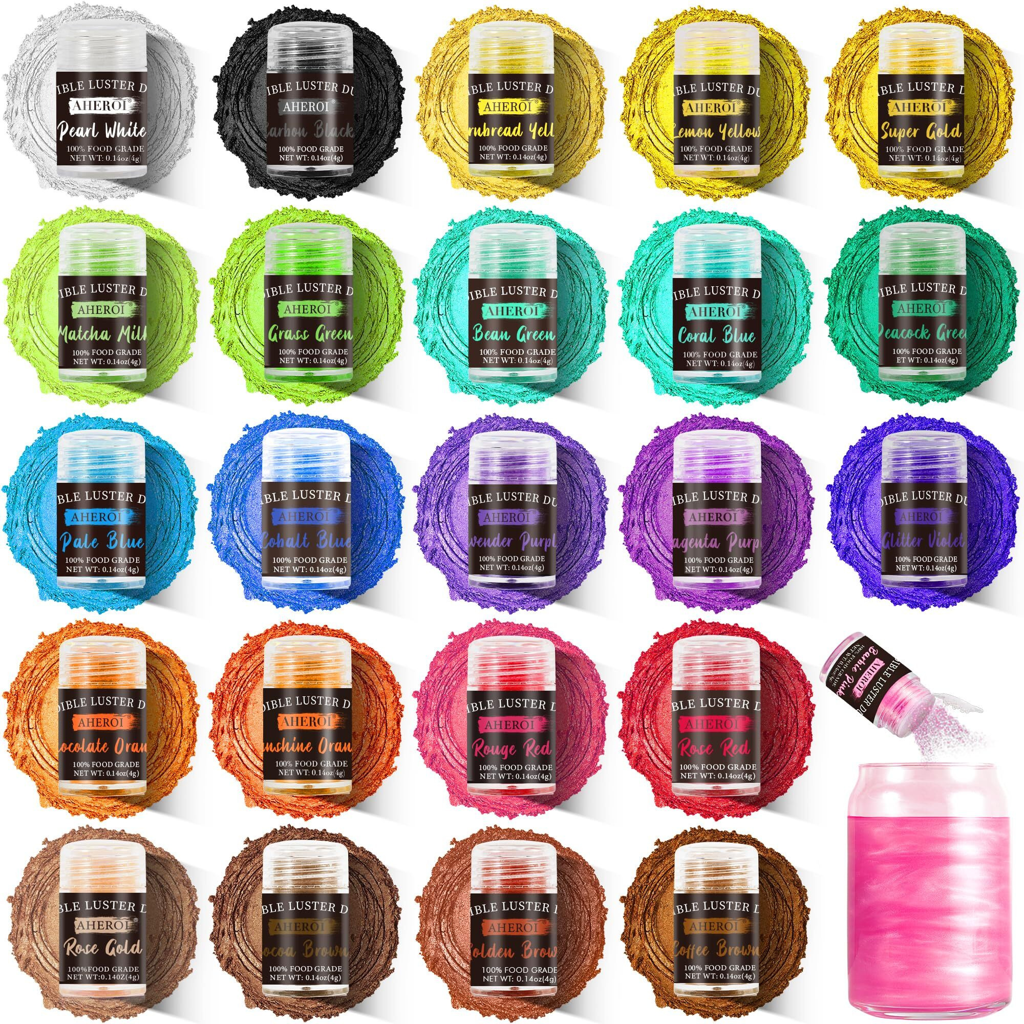 Aheroi Edible Glitter, 24 Colors Luster Dust Edible, Cocktail Glitter Luster Dust Sprinkles Drink Glitter Set, Shimmering Glitter Powder Glitter For Fondant Cake Chocolate Cocktail Candy(4G/0.14Oz)