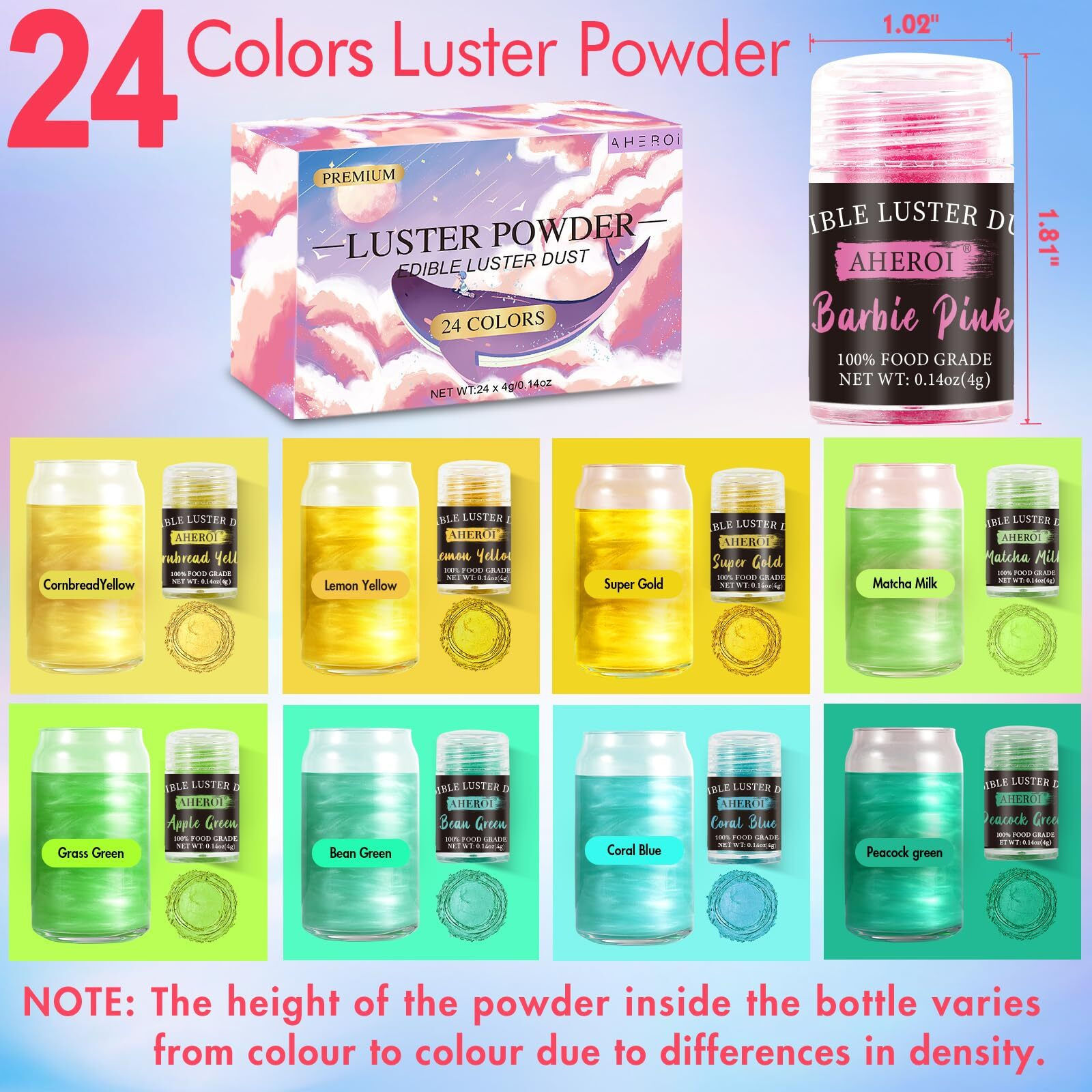Aheroi Edible Glitter, 24 Colors Luster Dust Edible, Cocktail Glitter Luster Dust Sprinkles Drink Glitter Set, Shimmering Glitter Powder Glitter For Fondant Cake Chocolate Cocktail Candy(4G/0.14Oz)