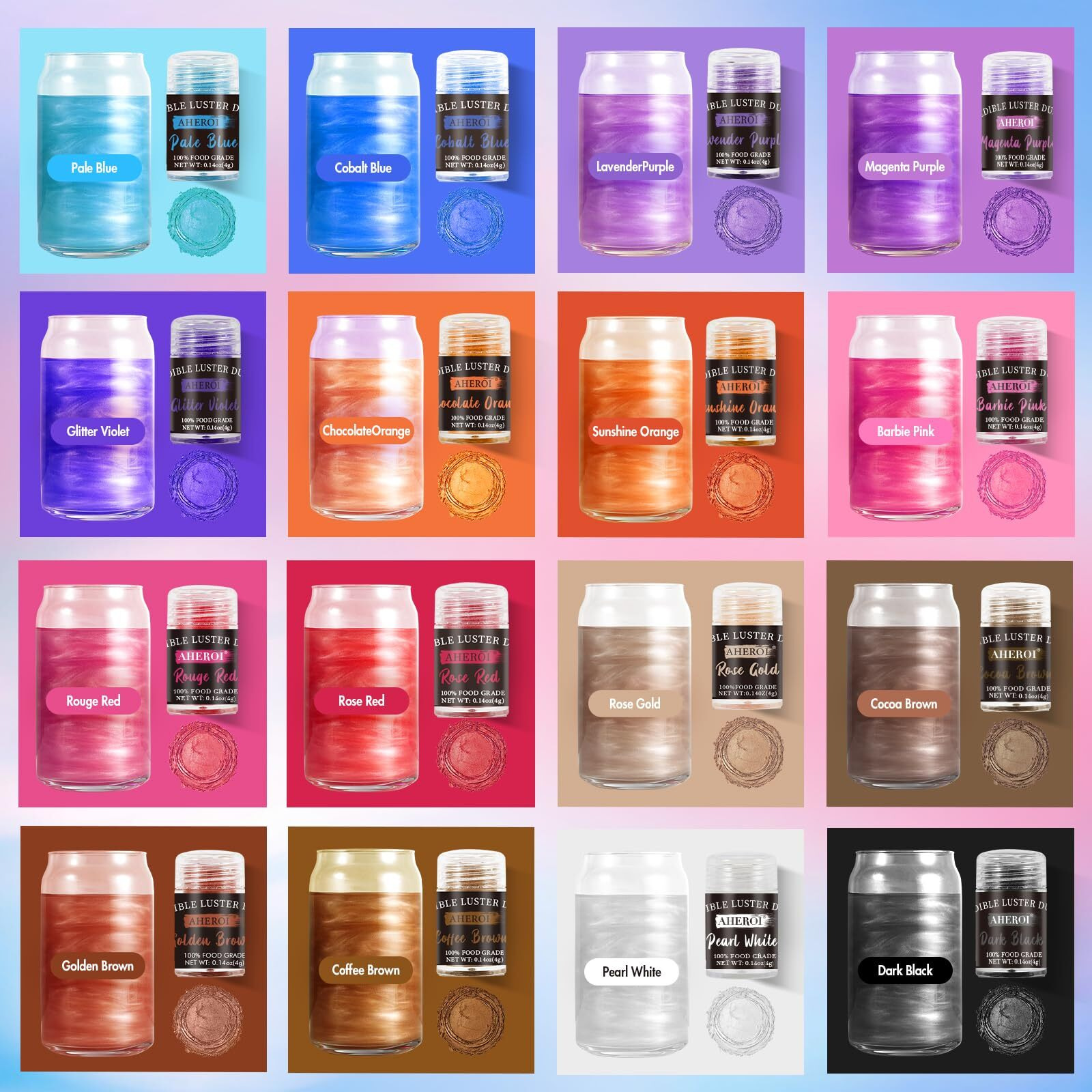 Aheroi Edible Glitter, 24 Colors Luster Dust Edible, Cocktail Glitter Luster Dust Sprinkles Drink Glitter Set, Shimmering Glitter Powder Glitter For Fondant Cake Chocolate Cocktail Candy(4G/0.14Oz)