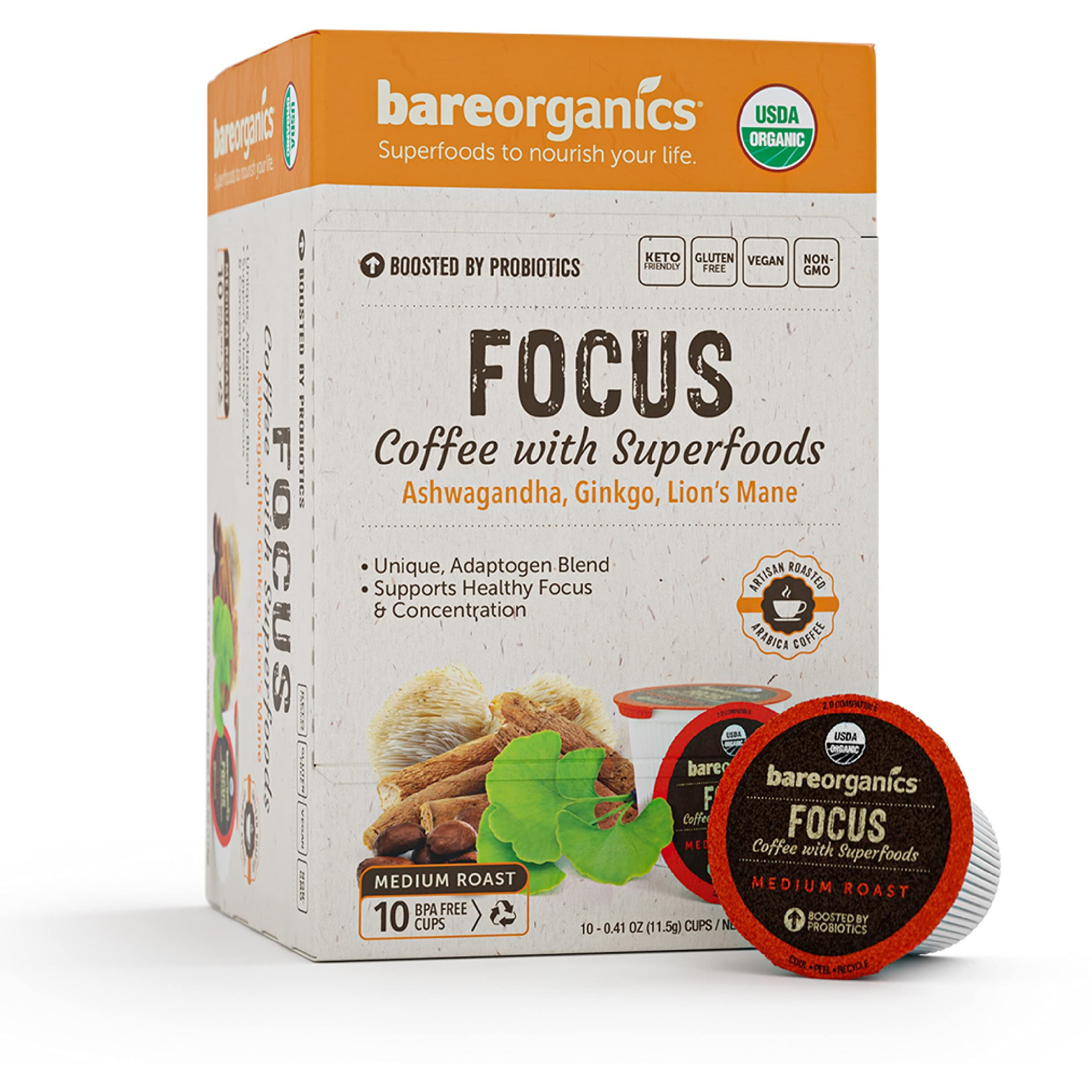 Bareorganics 13180 Focus Coffee With Superfoods, Organic Probiotic Coffee, 10 Single Serve Cups