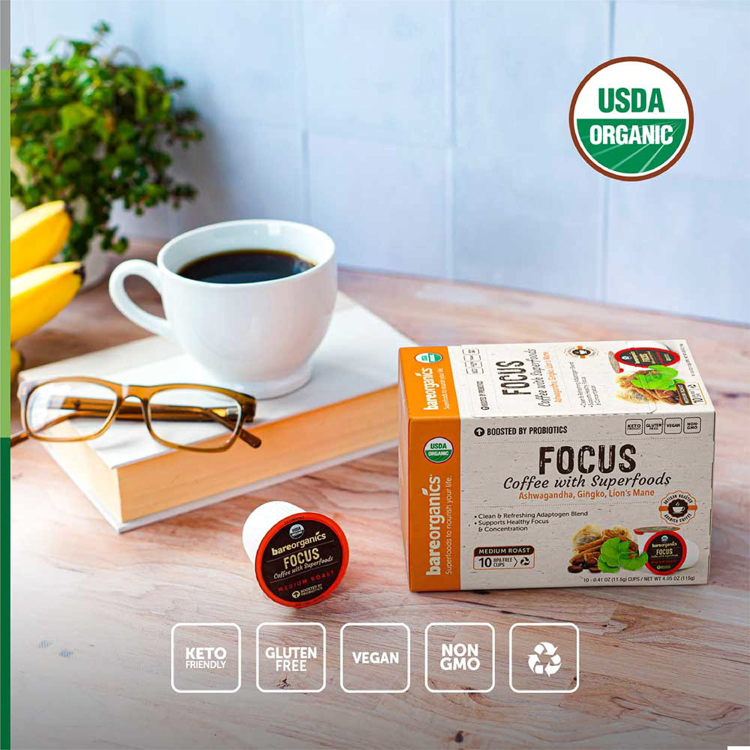 Bareorganics 13180 Focus Coffee With Superfoods, Organic Probiotic Coffee, 10 Single Serve Cups