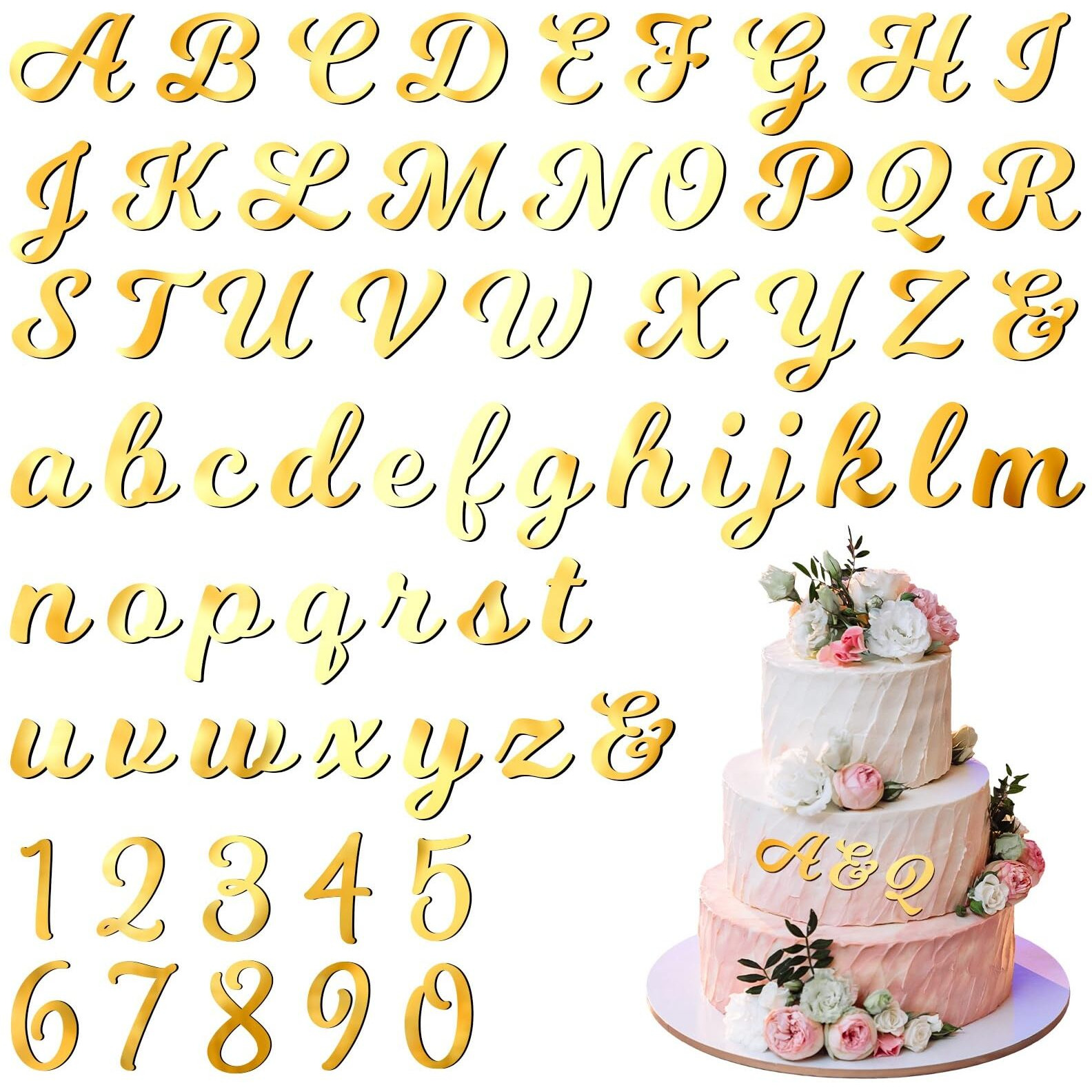 Jspupifip 64 Pcs Acrylic Cake Alphabet Numbers Topper, Mirror Number 0-9 And Alphabet A-Z Personalized Cake Picks Decor Anniversary Wedding Baby Shower Party Supplies(Gold)