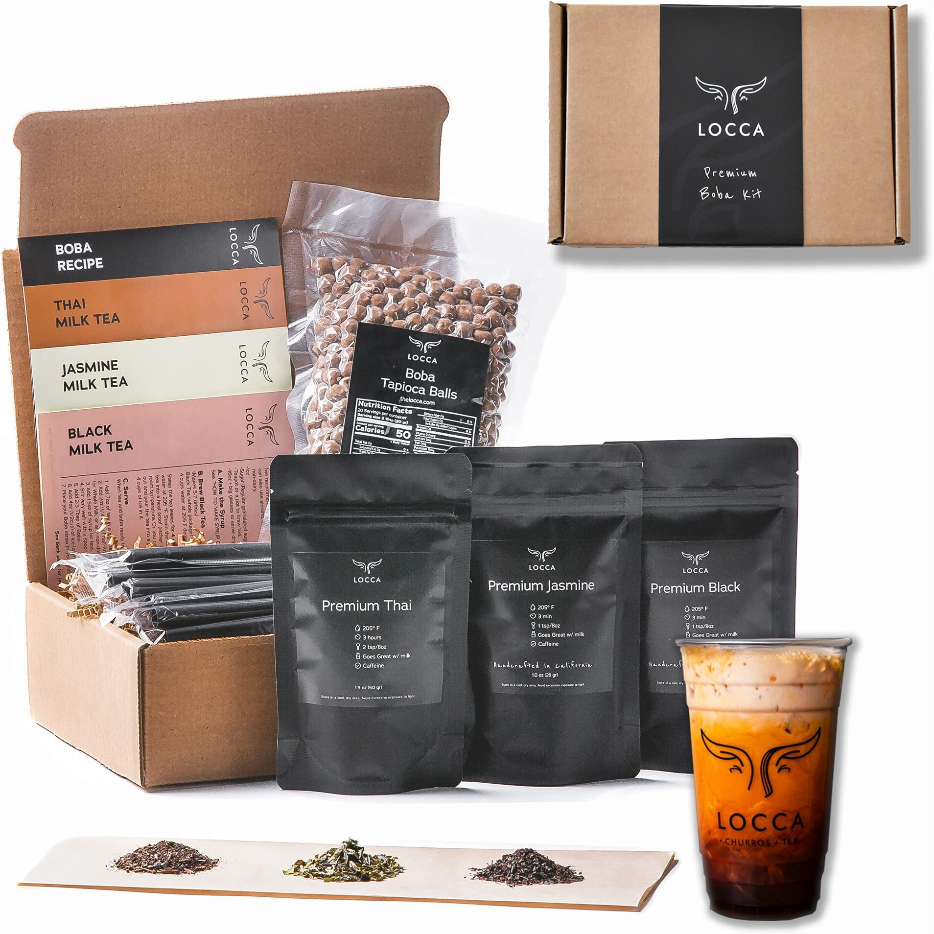 Premium Boba Tea Kit By Locca | Makes Up To 24 Drinks | Bubble Tea Gift Kit | Thai Tea Edition With Jasmine And Black Tea | Includes Tapioca Balls And Boba Straws | Diy Food Gift