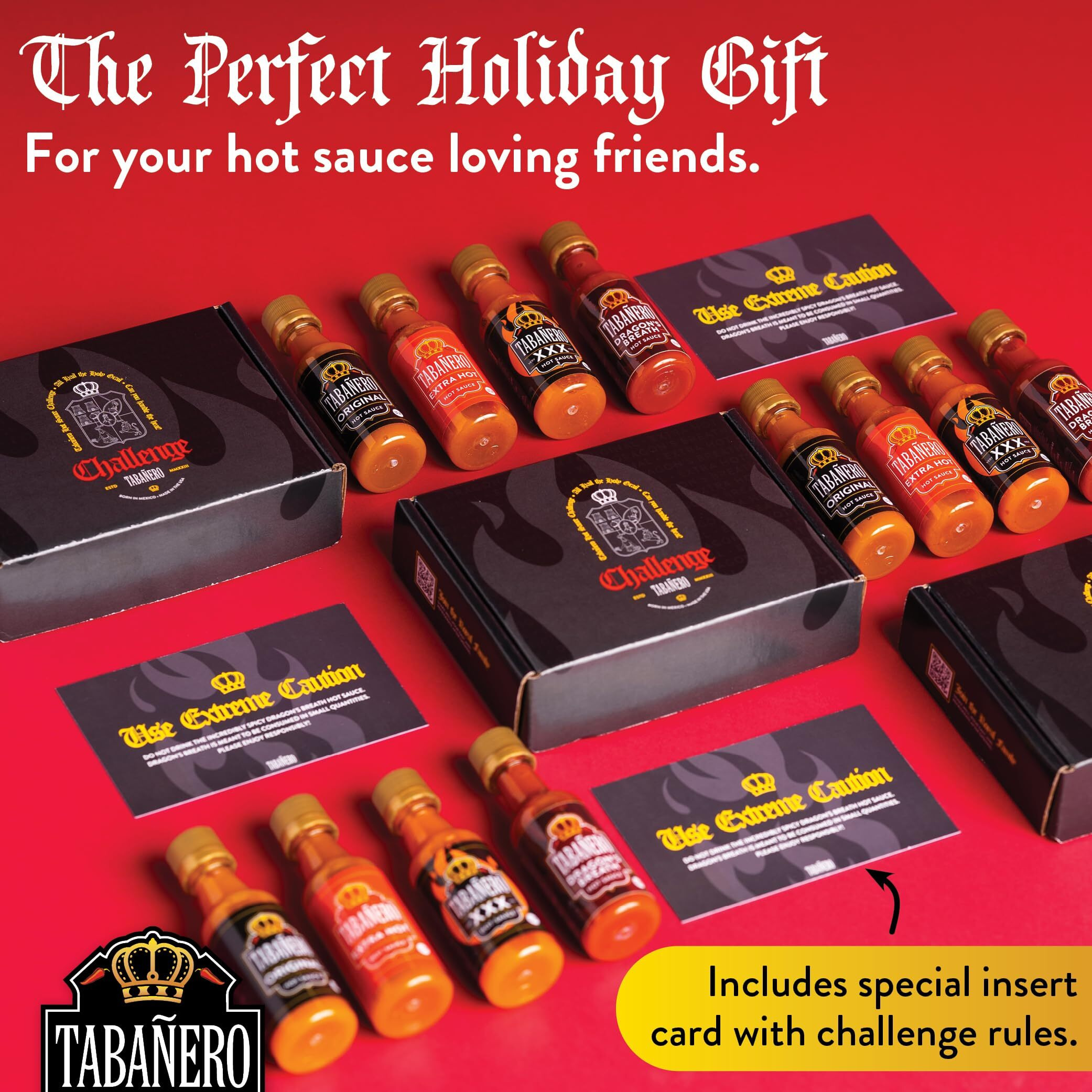 Mini Hot Sauce Challenge Box By Tabaero, Original, Extra Hot, Xxx Hot & Dragons Breath, Hot Sauce Gift, Gluten Free, All Natural, Low Sodium, Vegan, Kosher, Made In The Usa, 4-Pack, 1.7 Oz Bottles