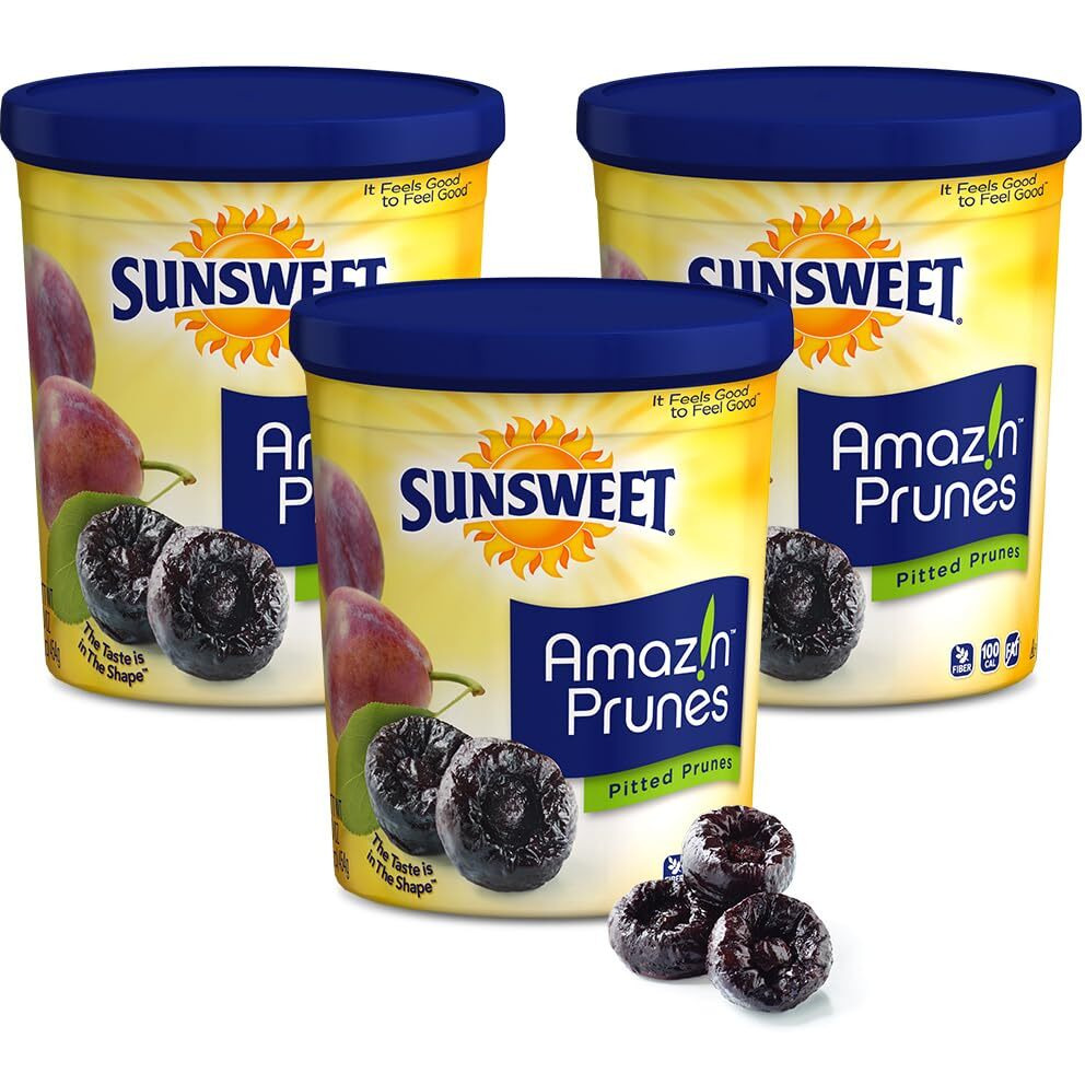 Sunsweet Amazin' Pitted Prunes - Dried Prunes Pitted Unsweetened - Gluten Free, Vegan, Low Fat - Fiber & Minerals - 16 Oz Canister X 3 Pack