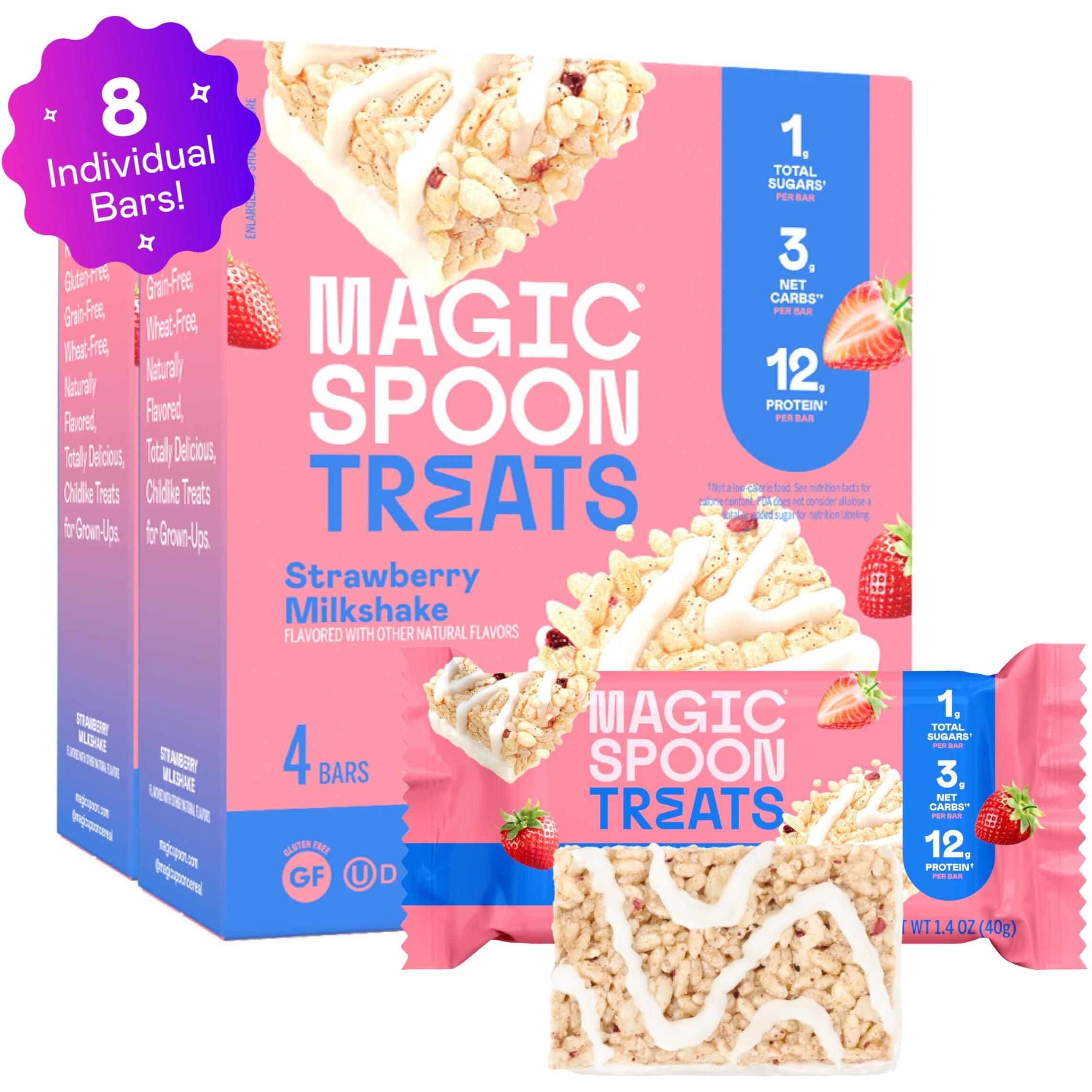 Magic Spoon Treats - High Protein, Low Carb, Keto Friendly, 1G Of Sugar, Gluten Free, Crispy Treat Cereal Bar, On-The-Go Healthy Snack (Strawberry Milkshake, 8 Bars)