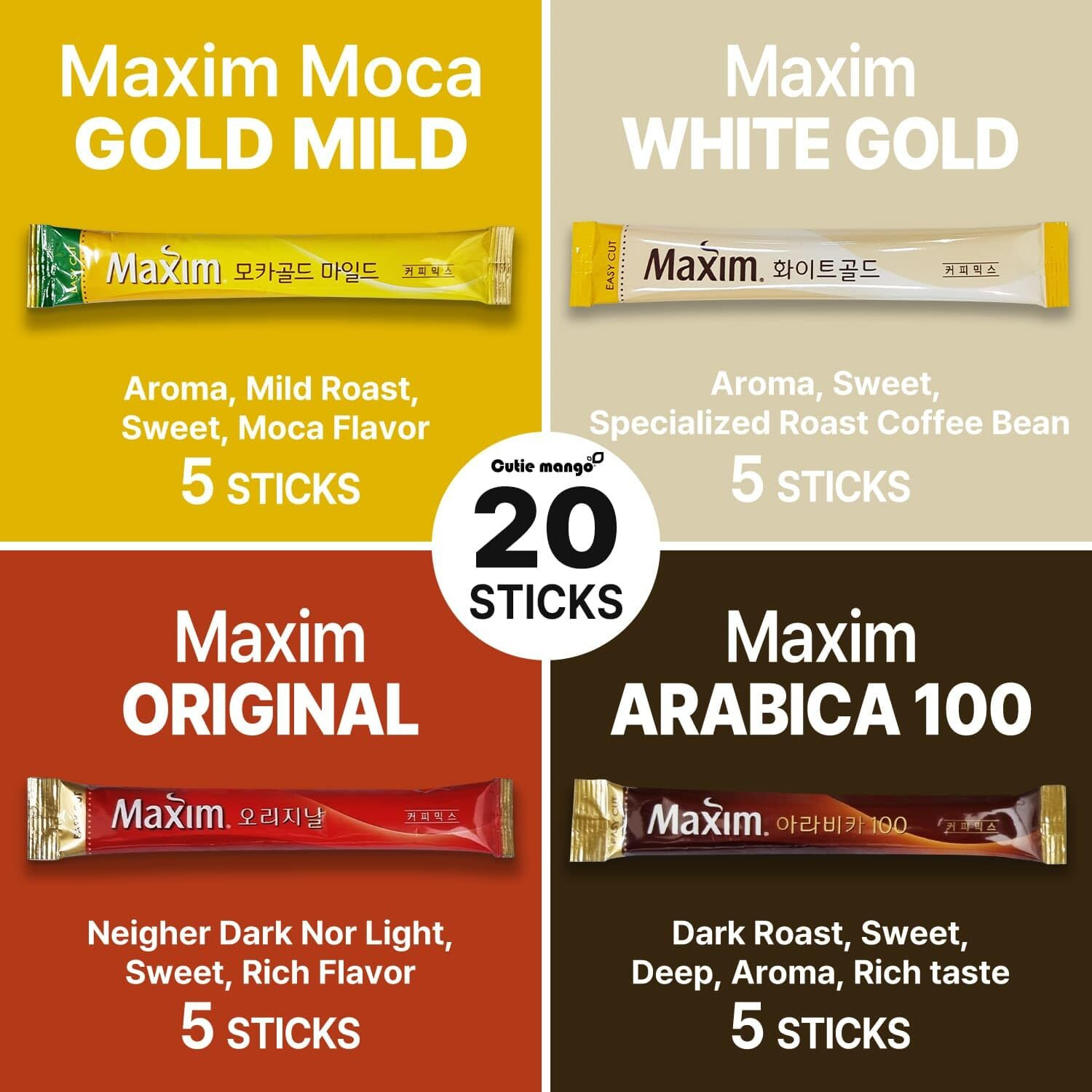 Korean Instant Coffee Mix Variety 20 Sticks Of 4 Types Single Serve/Maxim Instant Mocha White Arabica Original Flavors 5 Sticks Each (Pack Of 20 Sticks)