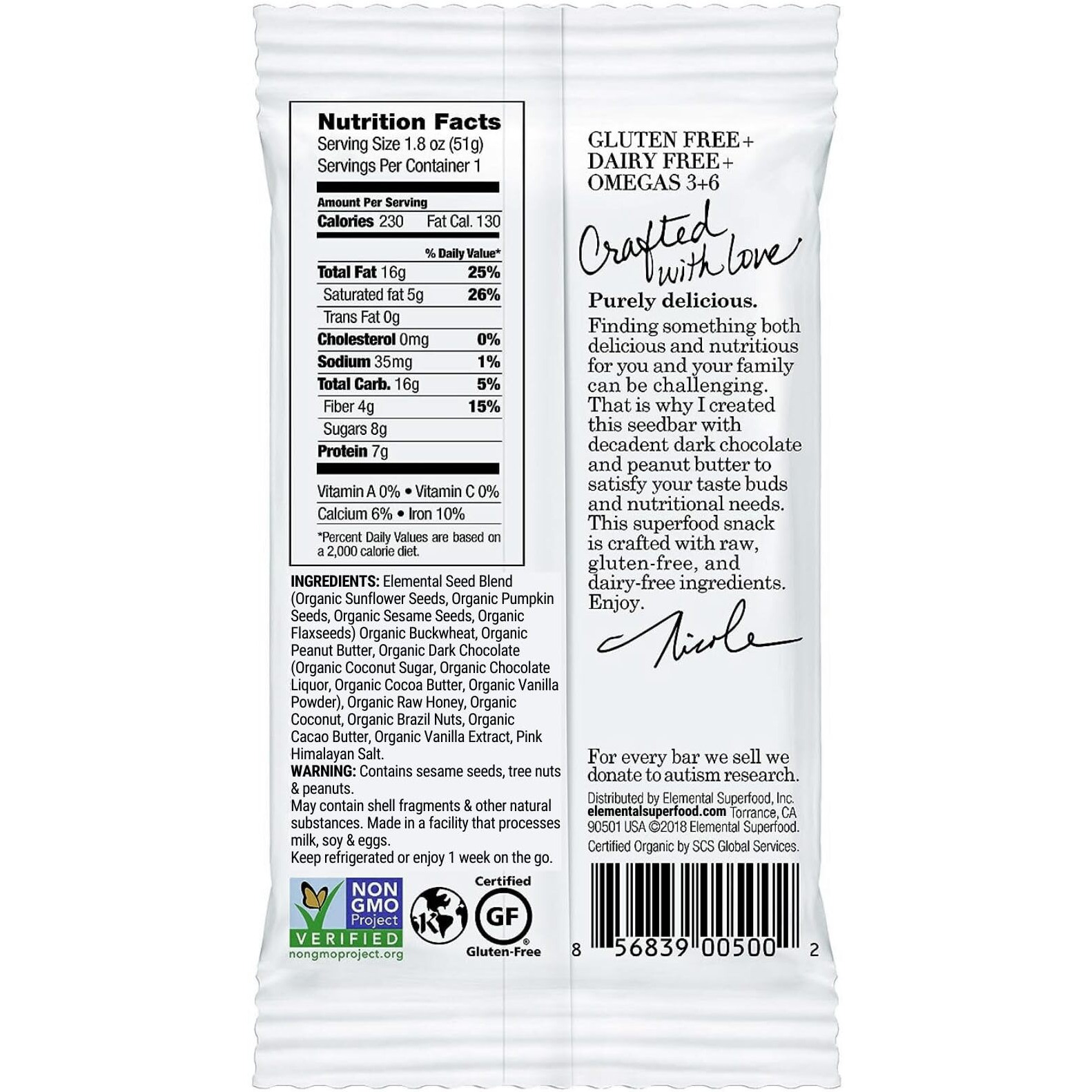 Elemental Superfood Seedbar, Dark Chocolate + Peanut Butter, 1.8 Ounce - 12 Pack, 100% Certified Organic, Non-Gmo Verified, Gluten Free, Dairy Free, Plant Based