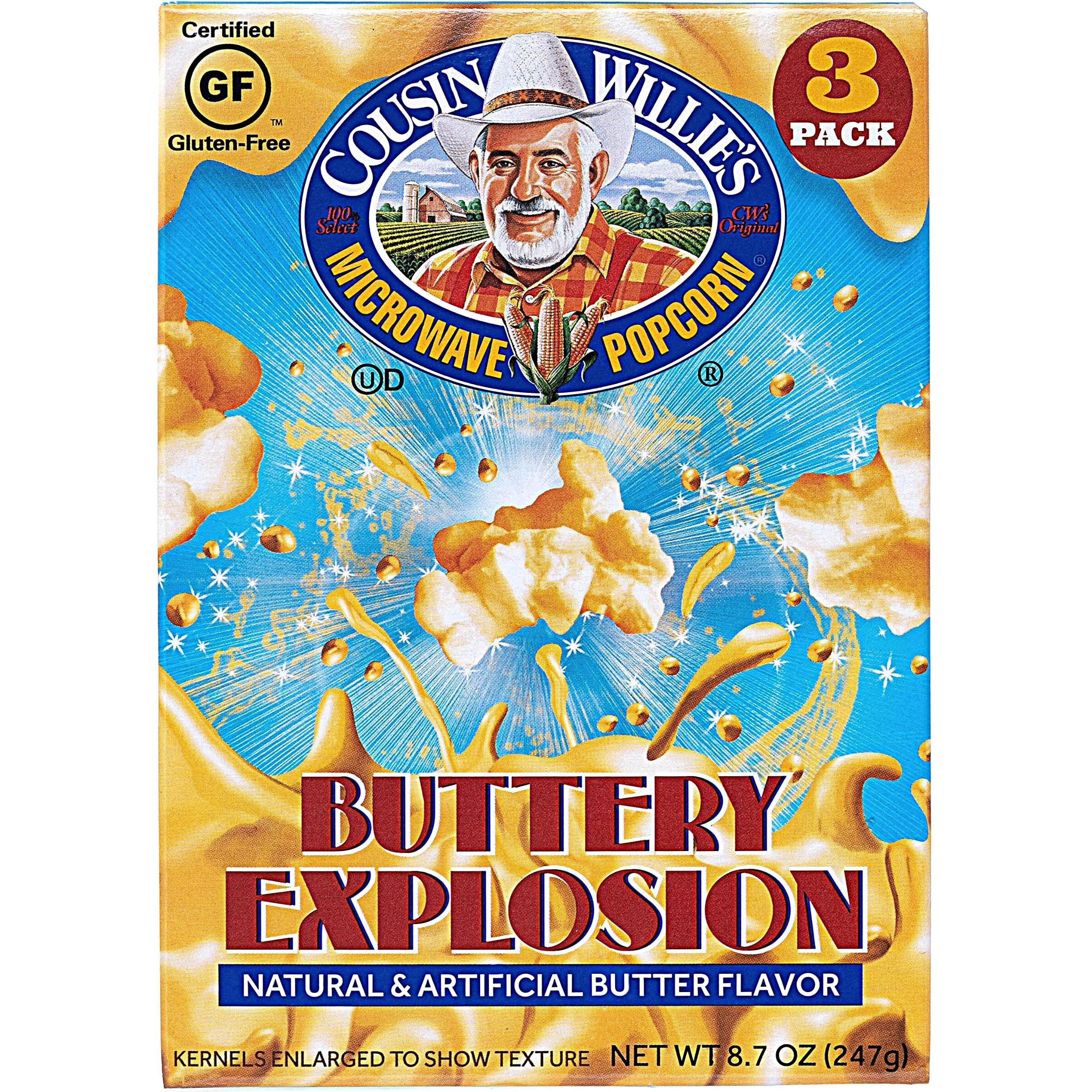 Cousin Willie's Microwave Popcorn Bags, Buttery Explosion (4 Boxes, 12 Bags), Gourmet Popcorn Boxes For Party, Whole Grain Popcorn, Gluten Free, Low Calorie Healthy Snack, Made In Usa, Non-Gmo