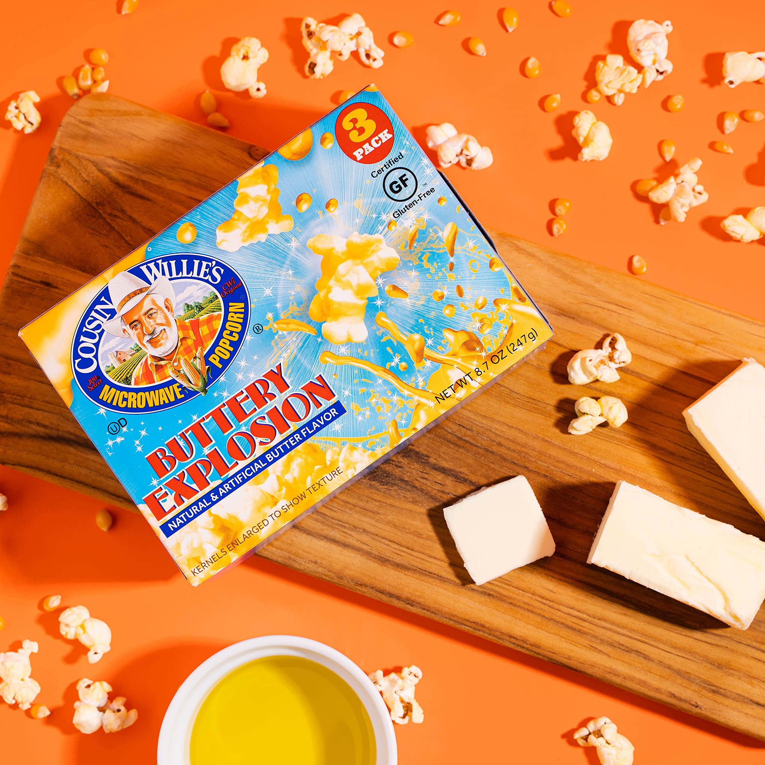 Cousin Willie's Microwave Popcorn Bags, Buttery Explosion (4 Boxes, 12 Bags), Gourmet Popcorn Boxes For Party, Whole Grain Popcorn, Gluten Free, Low Calorie Healthy Snack, Made In Usa, Non-Gmo