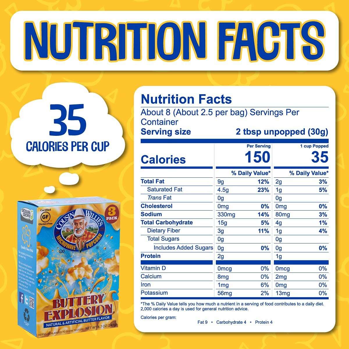 Cousin Willie's Microwave Popcorn Bags, Buttery Explosion (4 Boxes, 12 Bags), Gourmet Popcorn Boxes For Party, Whole Grain Popcorn, Gluten Free, Low Calorie Healthy Snack, Made In Usa, Non-Gmo