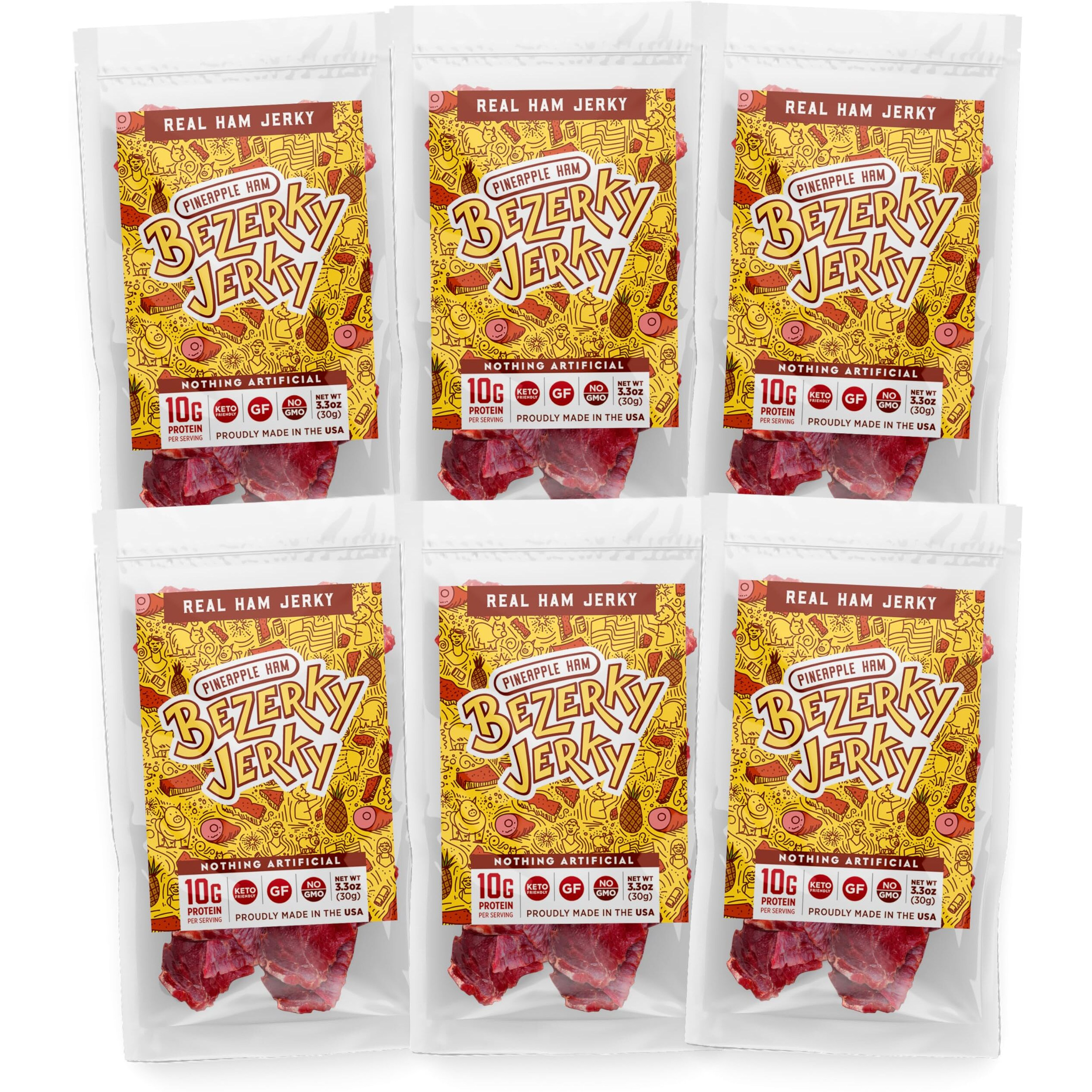 Bezerky Jerky Authentic American Ham, Keto-Friendly, Made With Premium Meat, Pineapple Jerky, All-Natural, Non-Gmo & Gluten-Free, On The Go High Protein Snack, 3.3 Oz (Pack Of 6)
