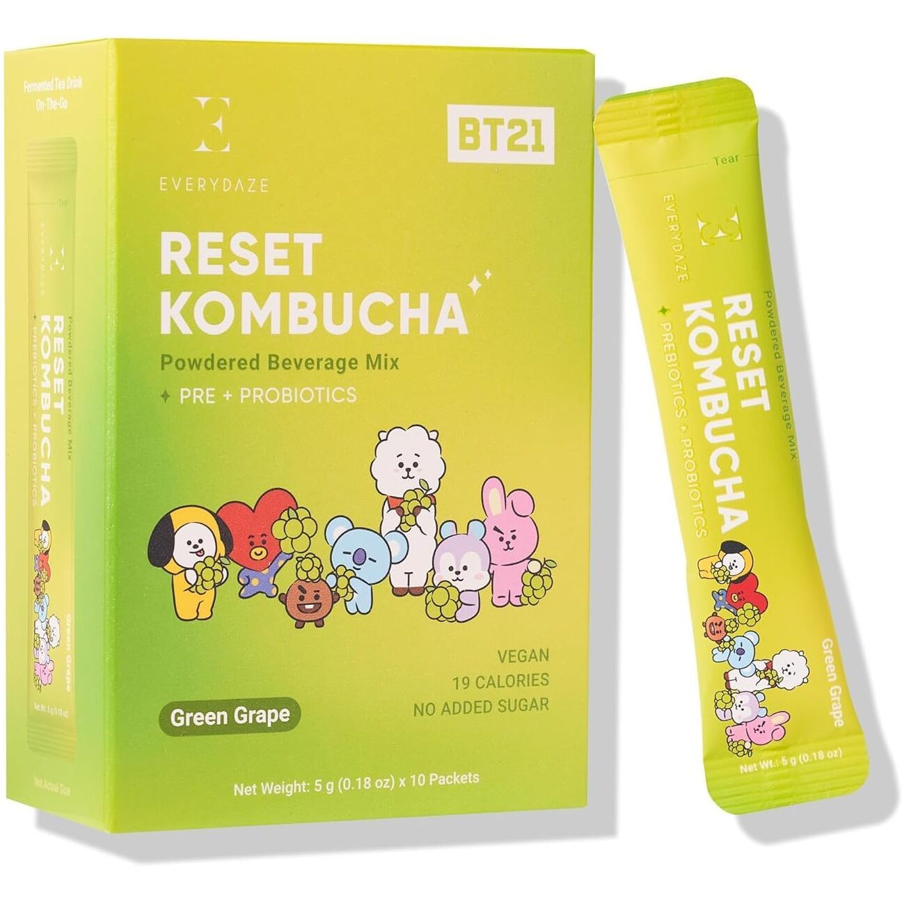Everydaze Bt21 Reset Kombucha Tea Powdered Beverage Mix | 10 Sticks | Prebiotics + Probiotics | Vegan | No Added Sugar, Gluten Free, Sparkling Powder Drink Pack (Green Grape)