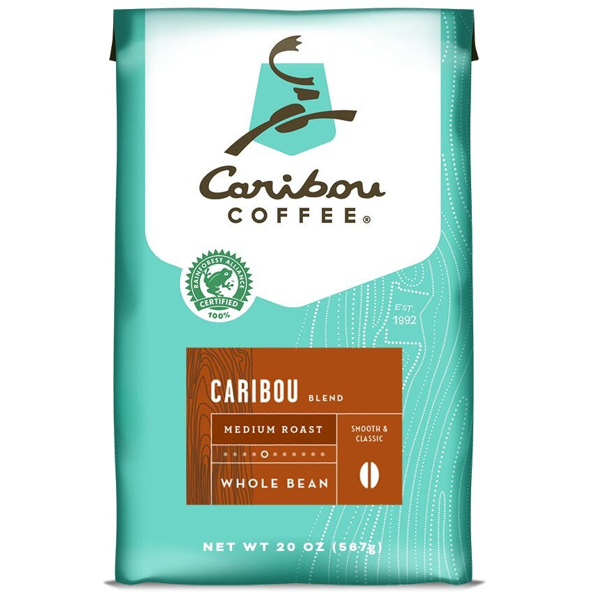 Caribou Coffee Caribou Blend, Medium Roast Whole Bean Coffee, 20 Ounce Bag, Rainforest Alliance Certified