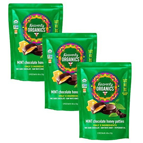 Heavenly Organics Mint Chocolate Honey Patties, (3 Bags) Made With 100% Organic Cocoa And 100% Organic Raw White Honey Non-Gmo, Fair Trade, Kosher, Dairy & Gluten Free, No Sugar Added