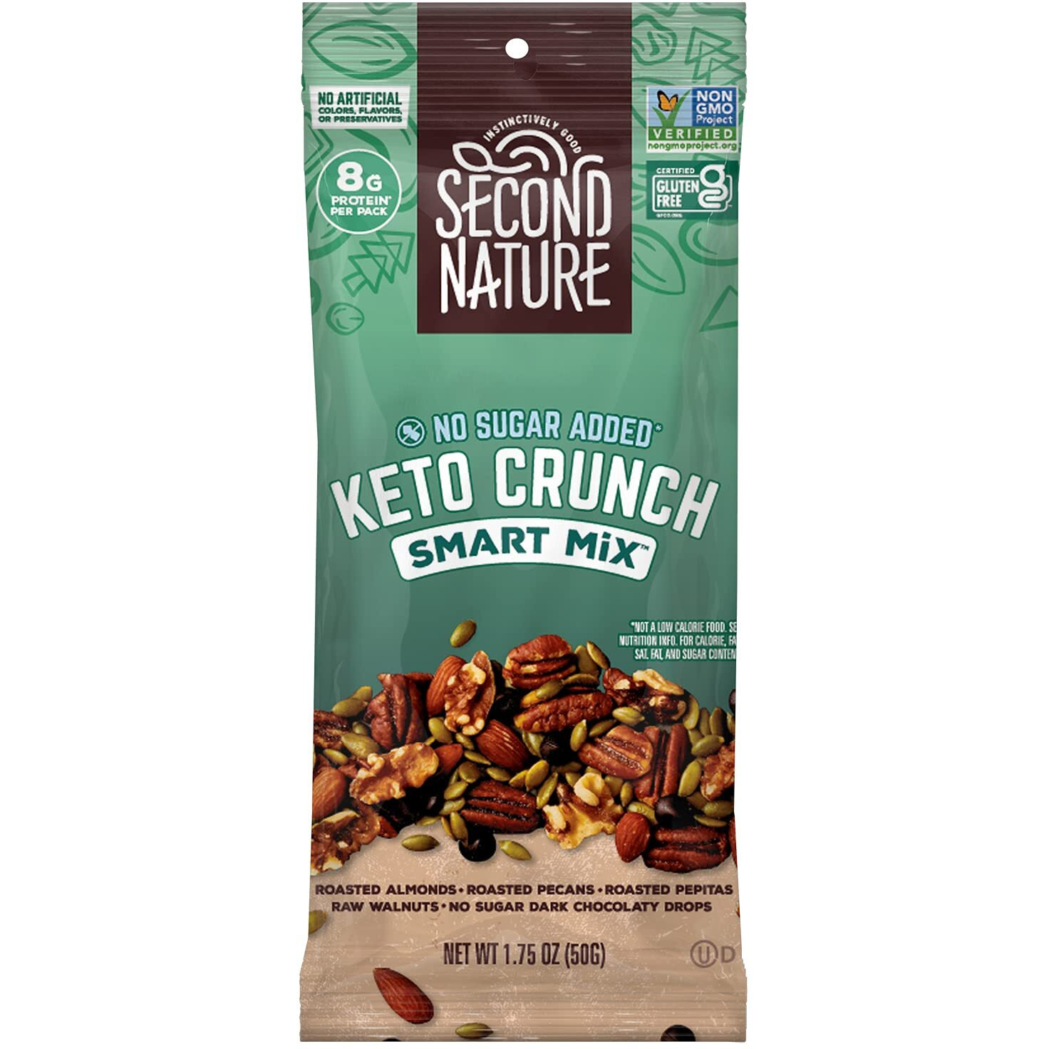 Second Nature Keto Crunch Smart Snack Mix, 1.75 Oz Individual Snack Packs (Pack Of 12) - Keto Gluten Free Snack - No Sugar Added Dark Chocolaty Drops And Nut Trail Mix, Ideal For Travel Snacks