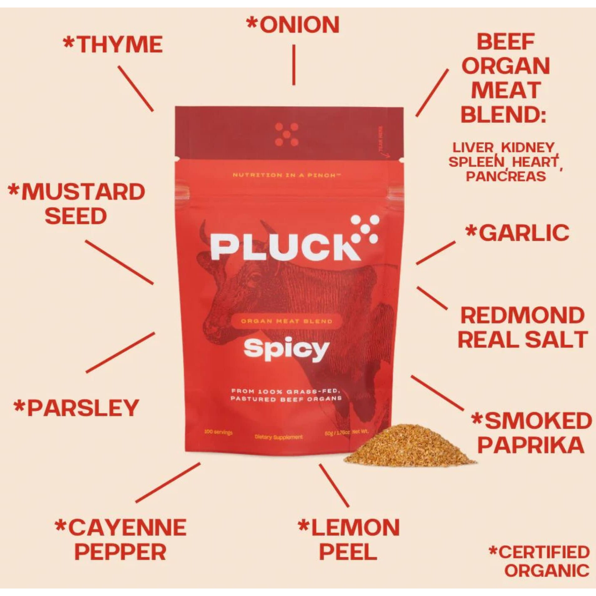 Pluck Spicy Organ Meat Blend Seasoning | From Grass-Fed & Grass-Finished Pastured Beef Organs With Redmond Real Sea Salt | 100 Servings