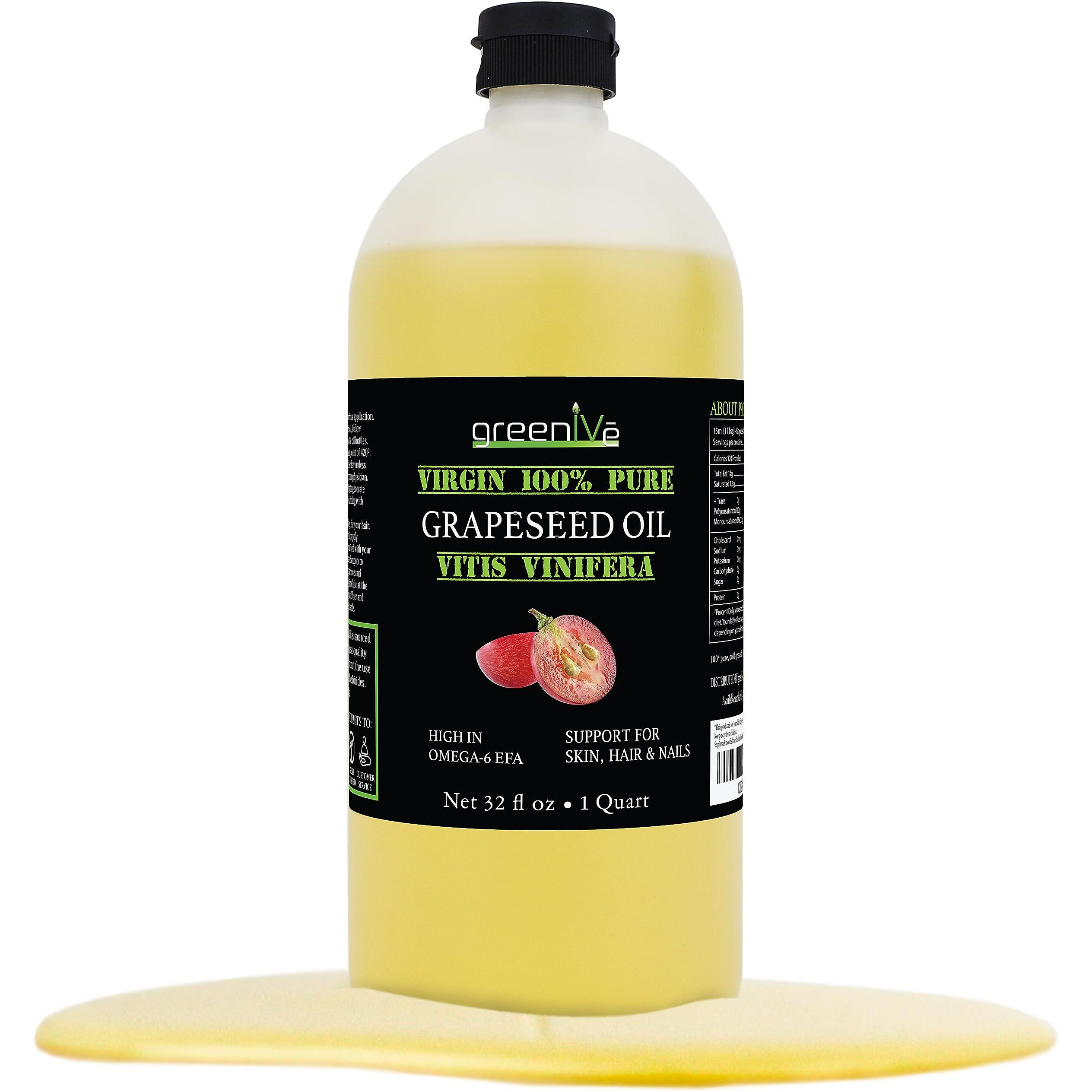 Greenive Grapeseed Oil Organically Grown 100% Pure Cold Pressed Light Flavor High Tempurature Cooking 32Oz