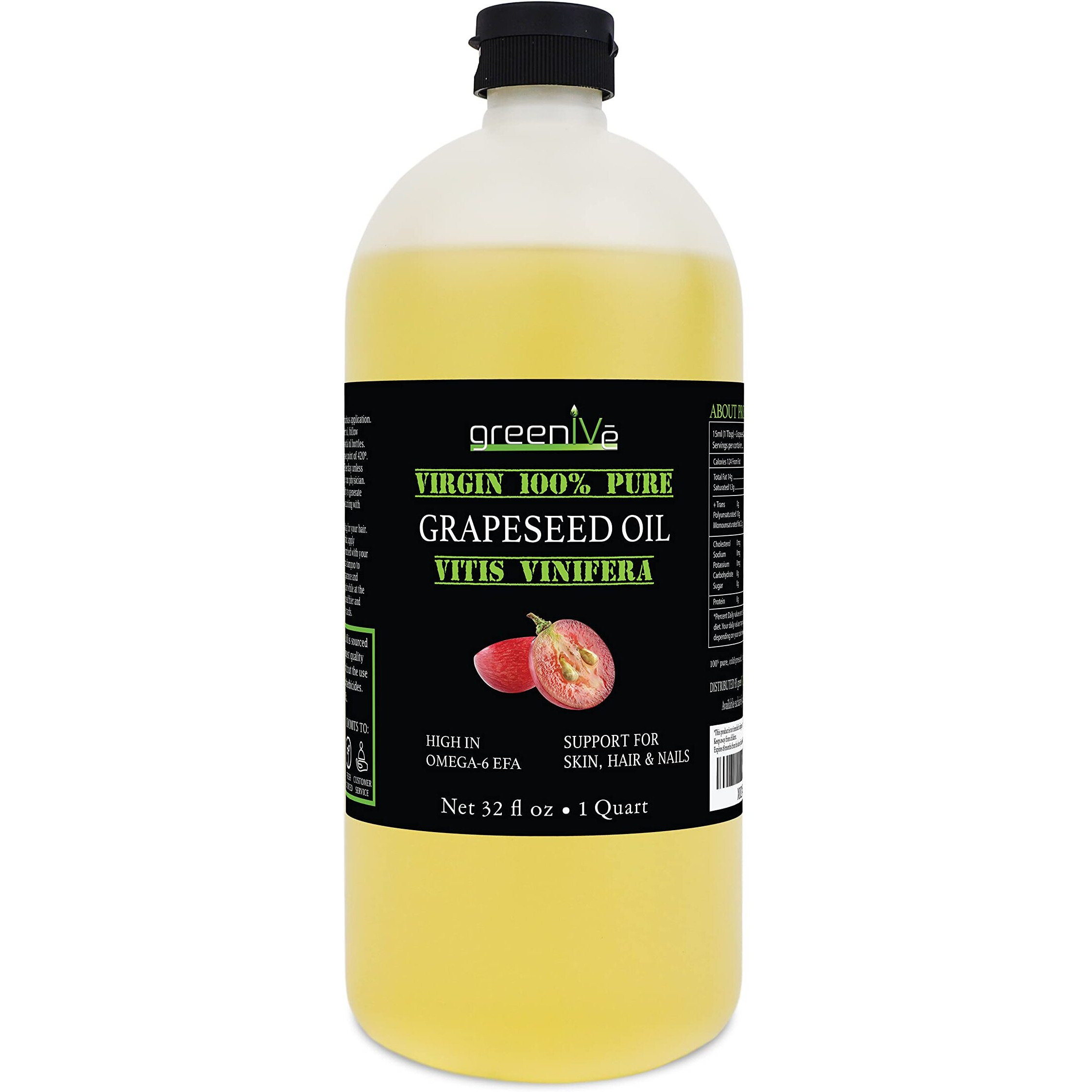 Greenive Grapeseed Oil Organically Grown 100% Pure Cold Pressed Light Flavor High Tempurature Cooking 32Oz