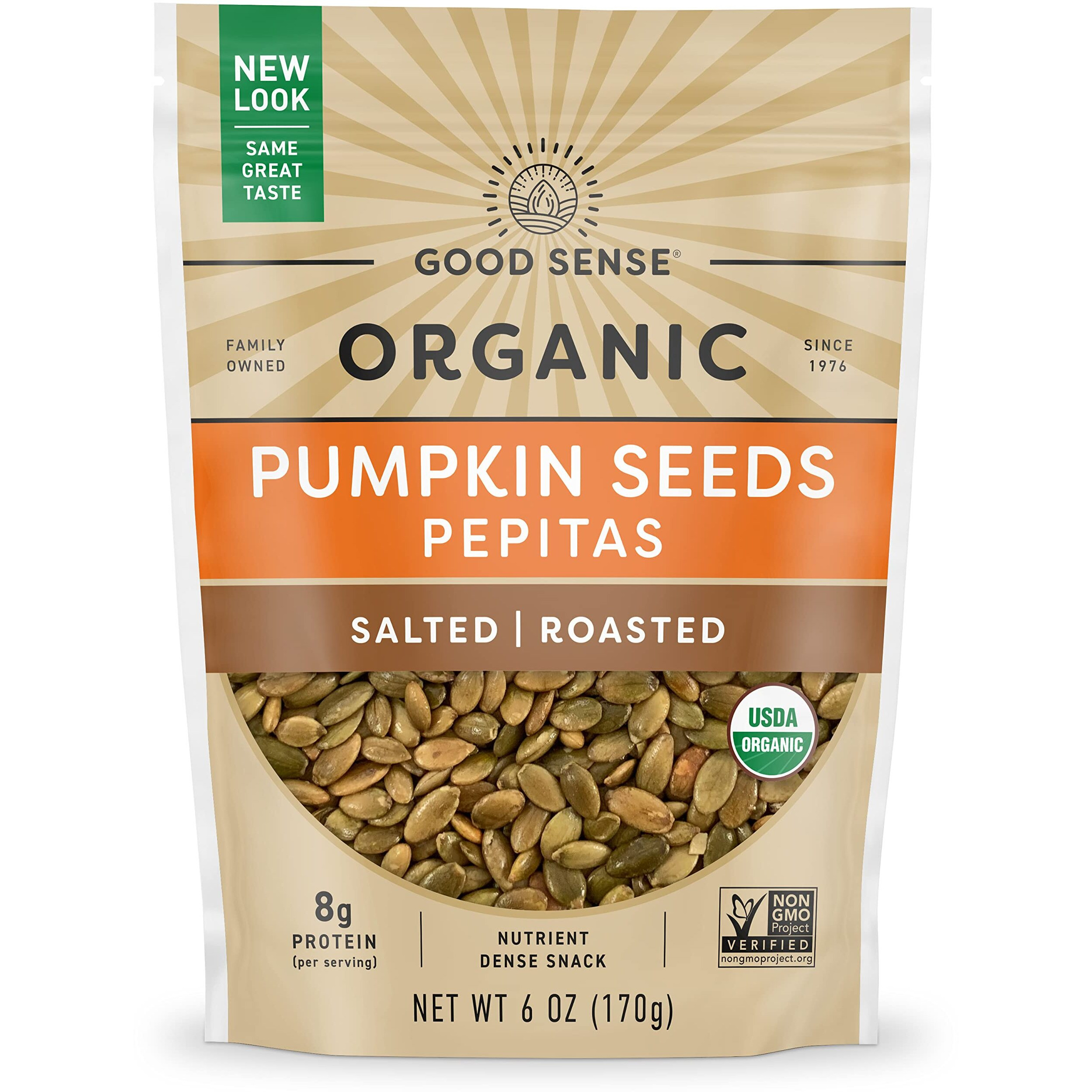 Good Sense Roasted & Salted Organic Pumpkin Seeds (Pepitas), Non-Gmo & All Natural, 6 Ounce Resealable Bag
