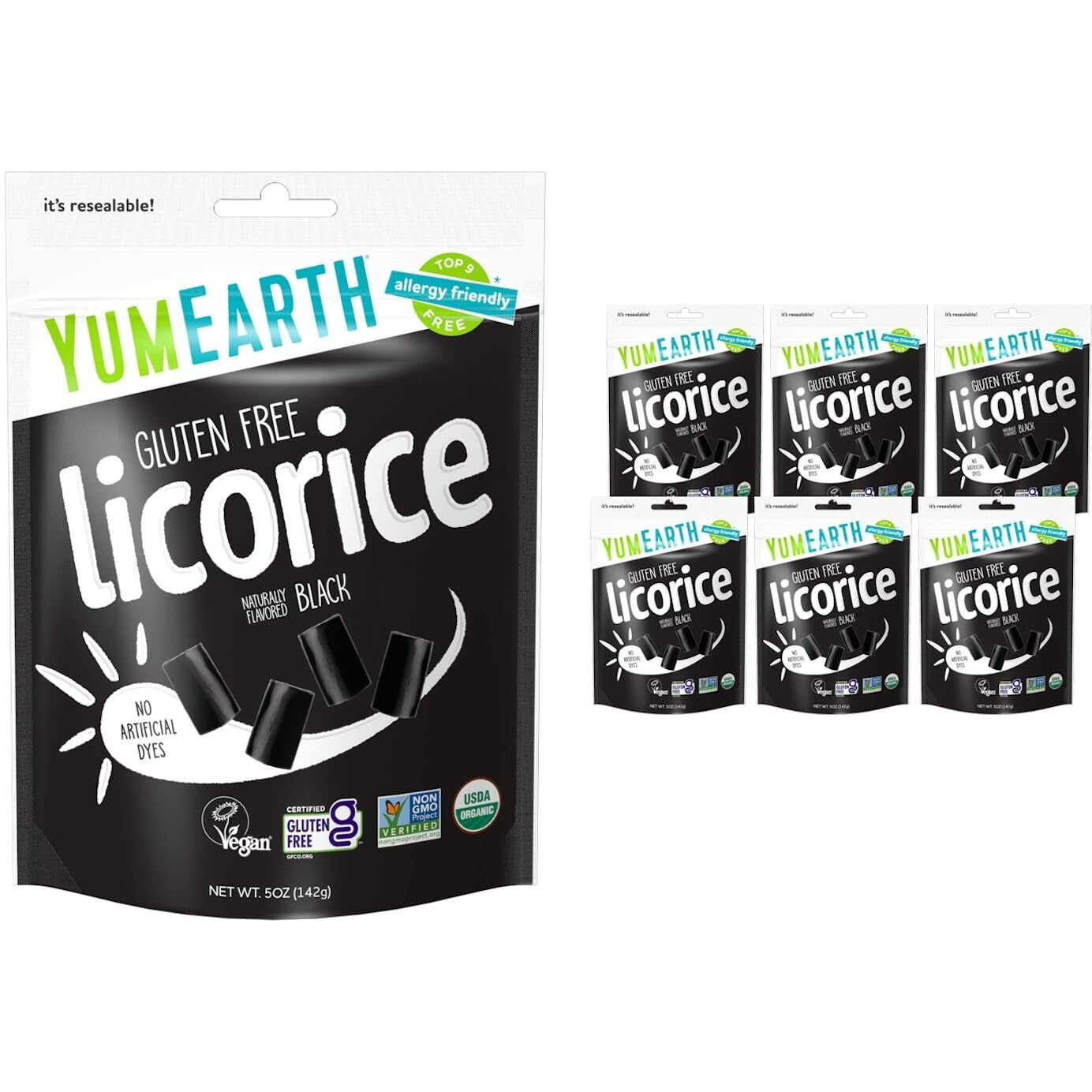 Yumearth Organic Gluten Free Black Licorice Snack Packs - Allergy Friendly, Gluten Free, Non-Gmo, Vegan, No Artificial Flavors Or Dyes - 5 Ounce (Pack Of 6)