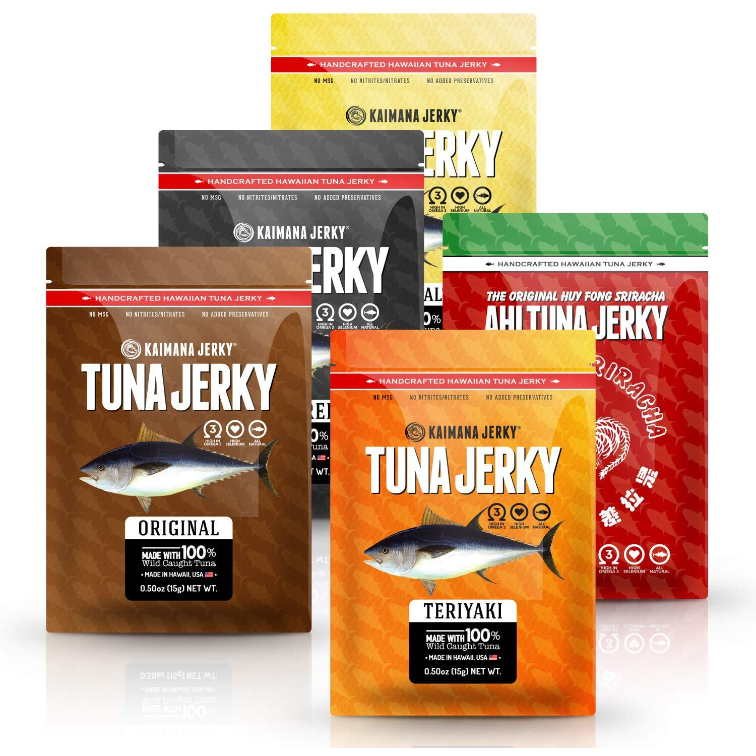 Kaimana Jerky Ahi Tuna Sampler Bundle - All Natural & Wild Caught Tuna Jerky. Made In Usa. 9G Protein & Good Source Of Omega-3's (5 Pack, 0.50 Oz)