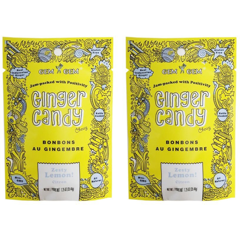 Gem Gem All Natural Chewy Ginger Candy 1.25Oz (Lemon, 2 Pack)