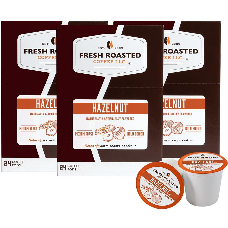 Fresh Roasted Coffee, Decaf Hazelnut, Flavored Coffee Pods, 72 Count