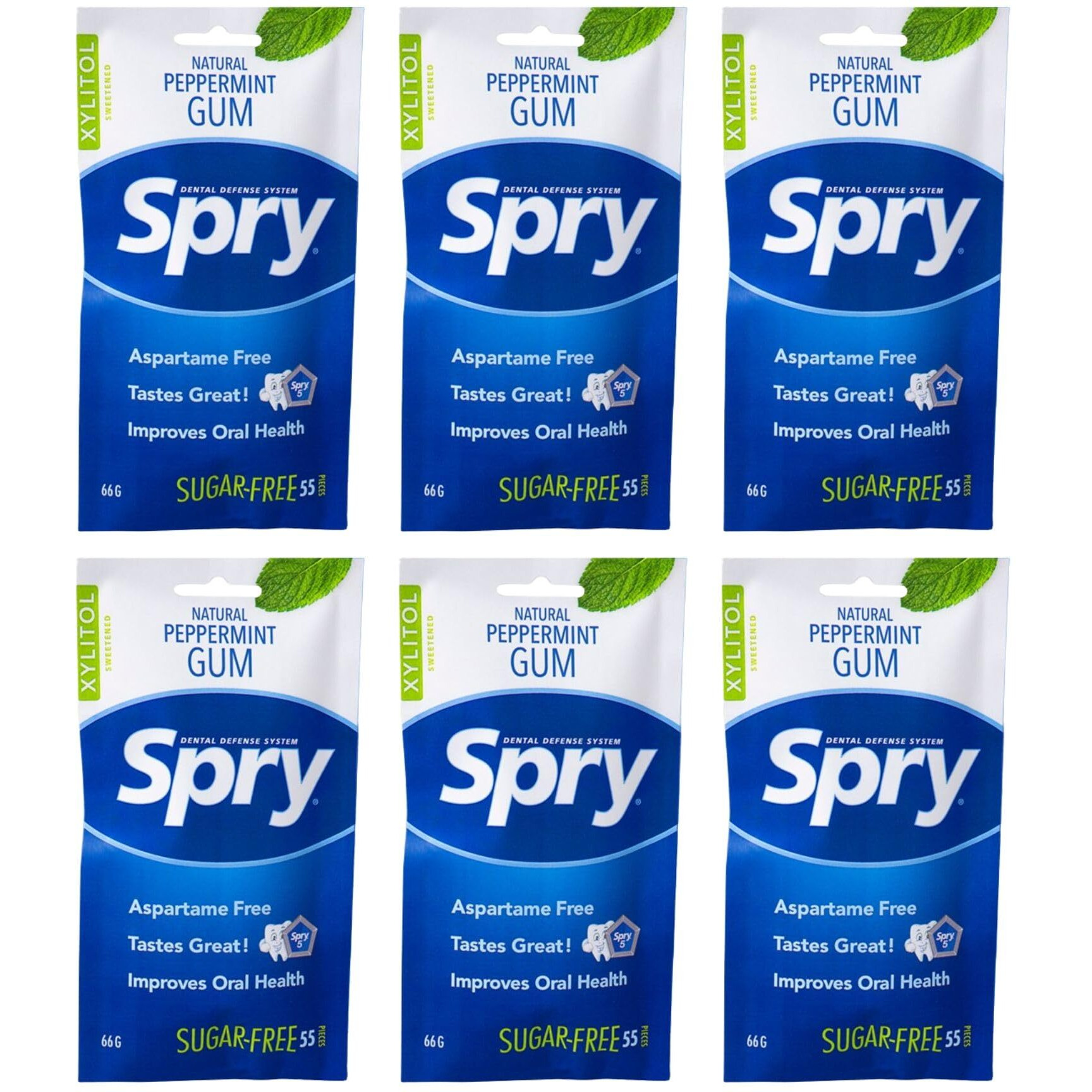Spry On The Go Gum, Fresh Natural Xylitol Chewing Gum Dental Defense System Aspartame-Free Sugar Free Gum (Peppermint, 55 Count - Pack Of 6)