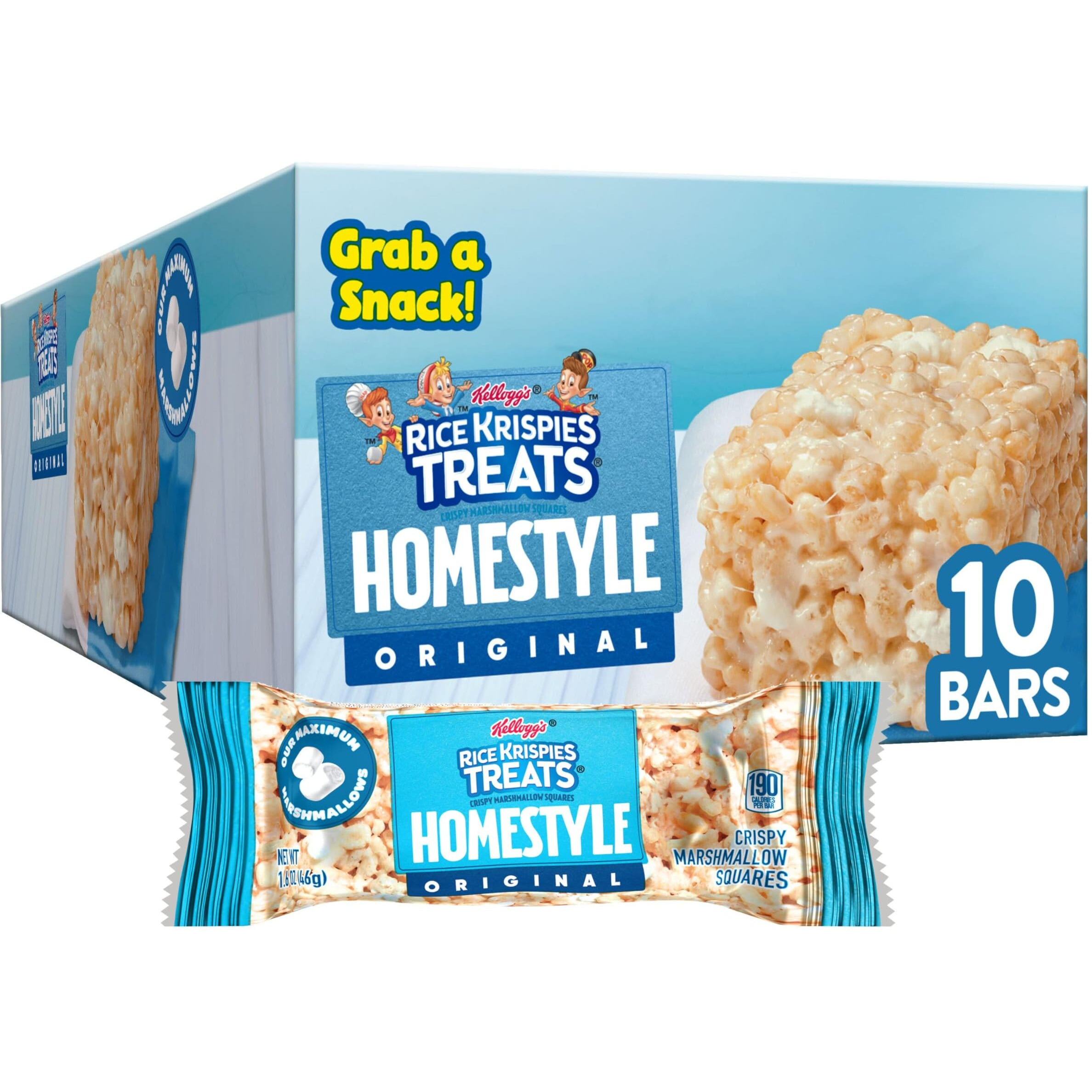 Rice Krispies Treats Homestyle Crispy Marshmallow Squares, Kids Snacks, Lunch Snacks, Original, 16.2Oz Box (10 Bars)