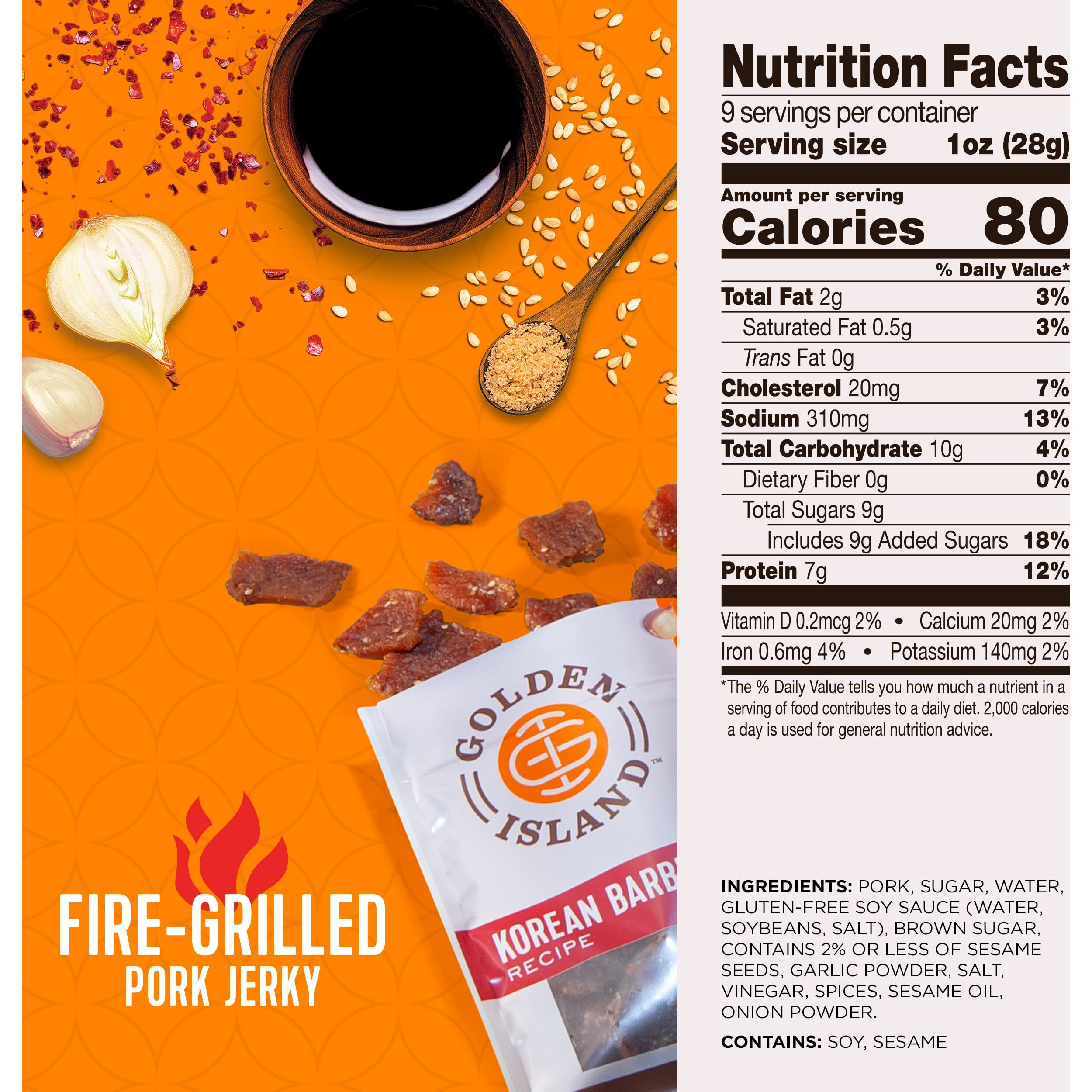 Golden Island Pork Jerky Korean Bbq Flavored, Specialty Meat Snack, Gluten Free With Korean Barbecue Seasoning, Bite Sized Sweet And Savory Protein Snack, 7G Of Protein Per Serving, 9 Oz (2 Pack)