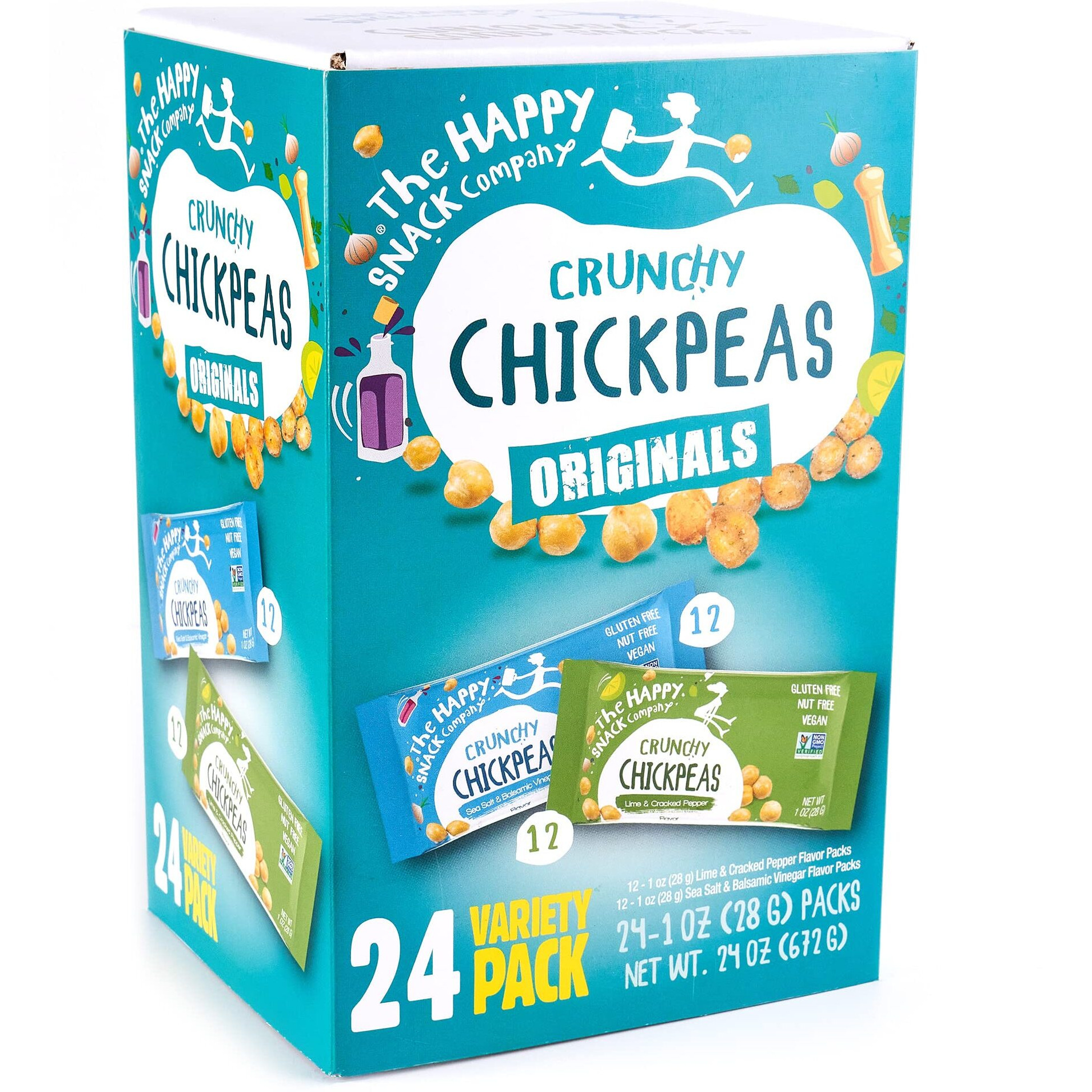The Happy Snack Company Crunchy Chickpeas Variety Pack 24 X 1 Oz ( Sea Salt & Balsamic Vinegar Flavor And Lime & Cracked Pepper Flavor). 5G Plant Based Protein & 120 Cals. Gluten, Nut & Dairy Free, Non-Gmo And Vegan.