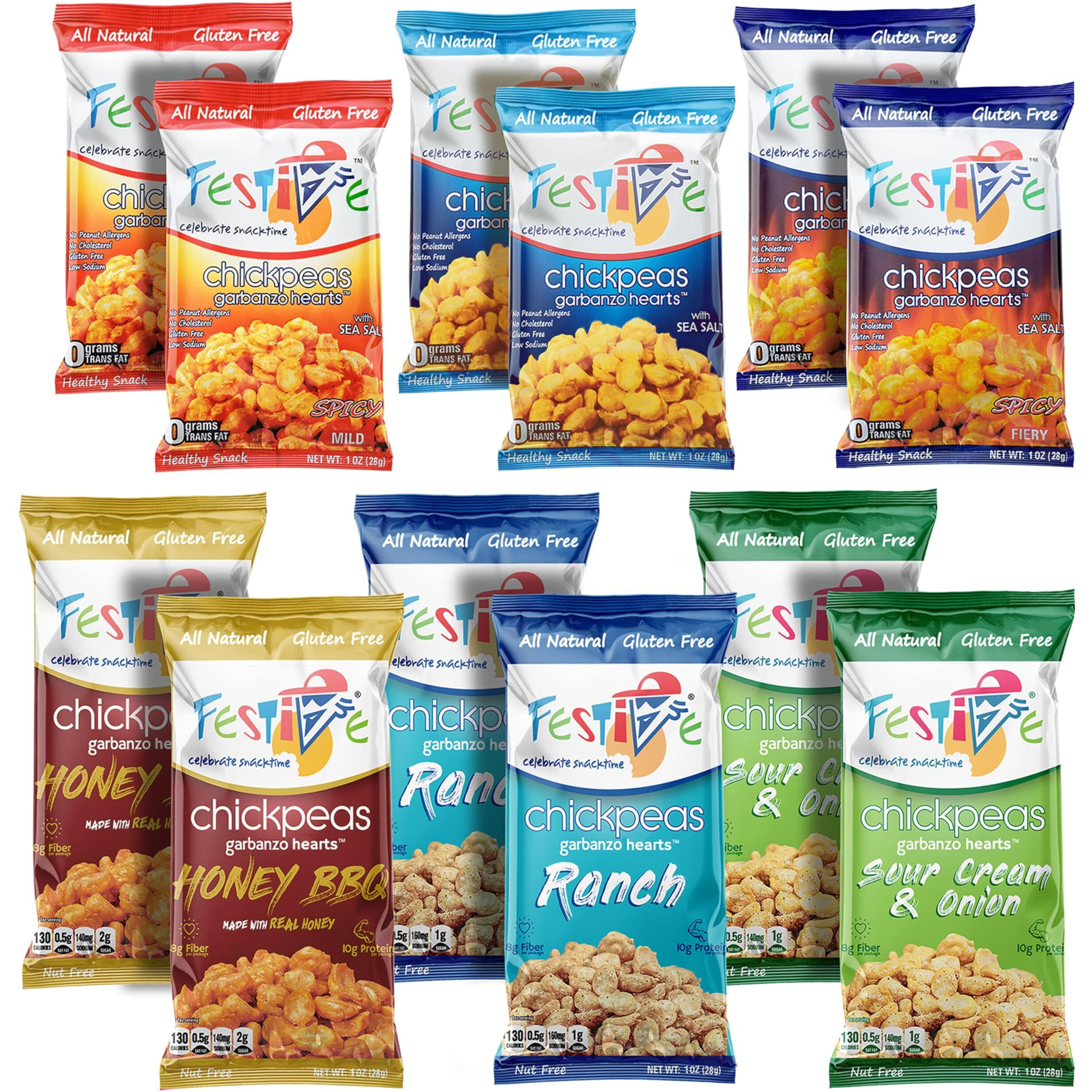 Feel Festive Roasted Chickpeas Variety Snack Pack - Crunchy Balanced Macro Nut Free Healthy Garbanzo Beans - Non-Gmo Vegan Soy-Free - Convenient 12 Bags