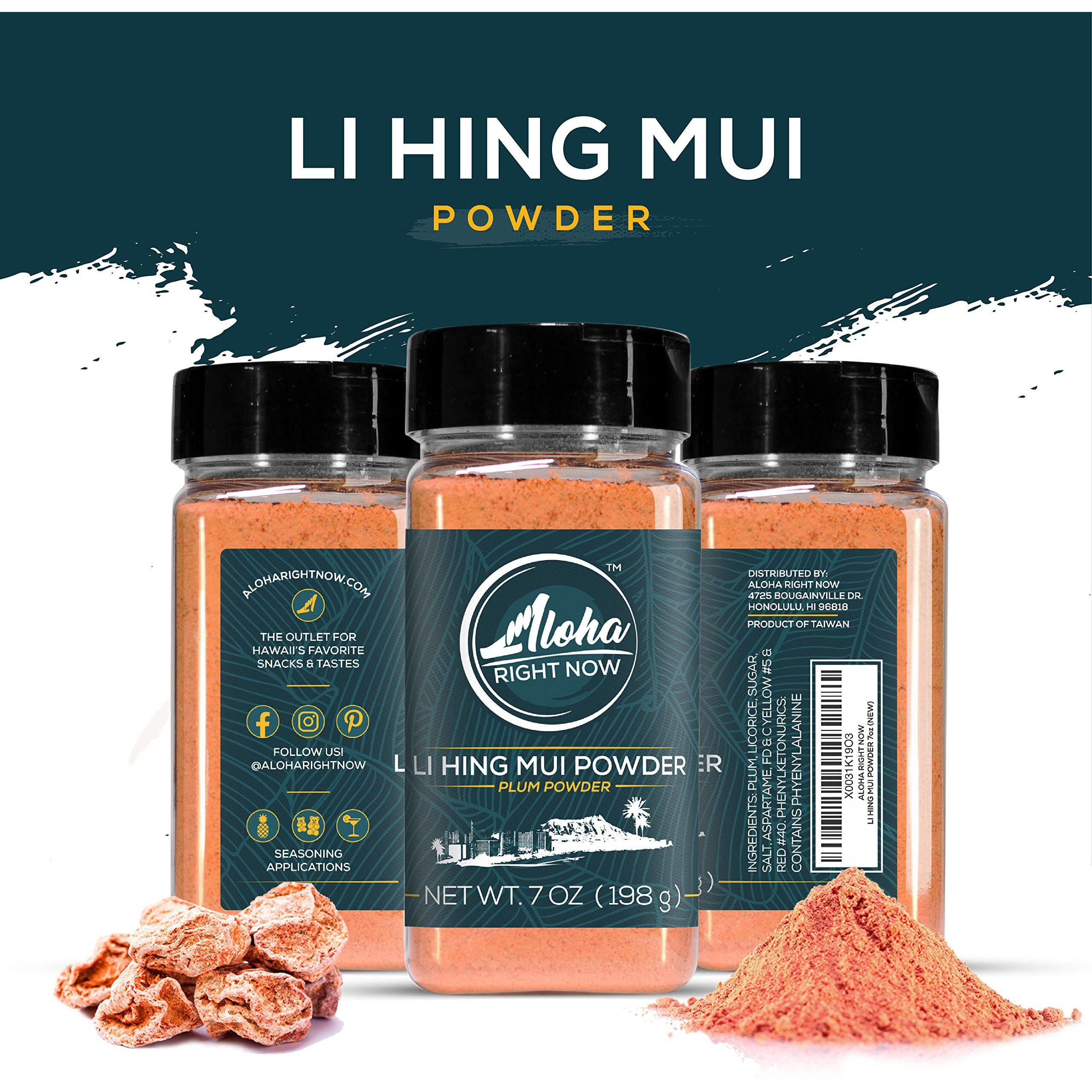 Aloha Right Now Authentic Li Hing Mui Powder 7 Oz Shaker For Flavoring Fruits, Candy, & Cocktail Drinks - Sweet, Sour & Salted Dried Plum Powder - Asian Hawaiian Snacks