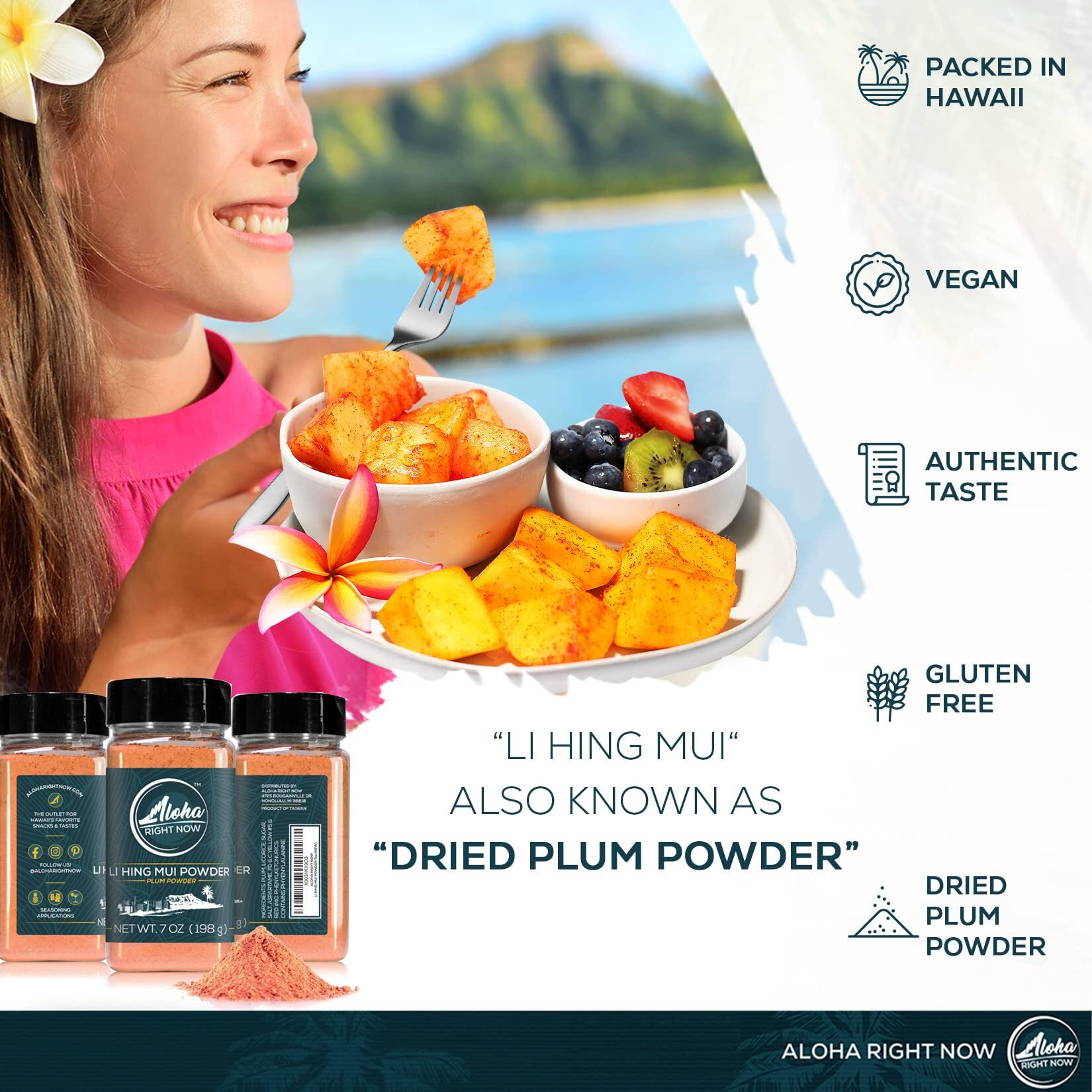 Aloha Right Now Authentic Li Hing Mui Powder 7 Oz Shaker For Flavoring Fruits, Candy, & Cocktail Drinks - Sweet, Sour & Salted Dried Plum Powder - Asian Hawaiian Snacks