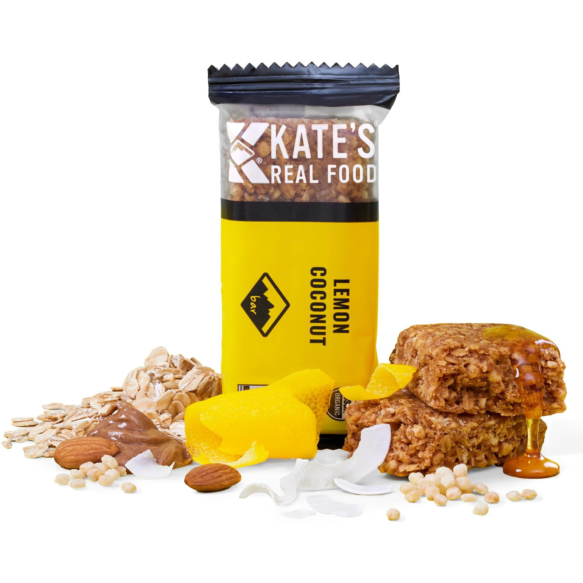 Kates Real Food Organic Granola Bars - Lemon Coconut (2.2 Oz, Pack Of 12) - Organic Energy Bars Made With Gluten Free Oats - Non Gmo, Soy Free, Whole Grains, And All Natural - Healthy Snacks
