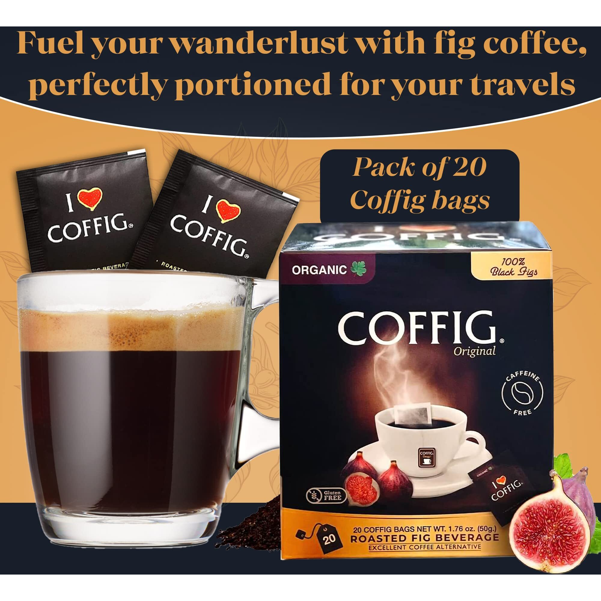 Roasted Organic Black Fig Powder - Caffeine Free Herbal Energy Drink Box Of 20 Tea Bags/Sachets