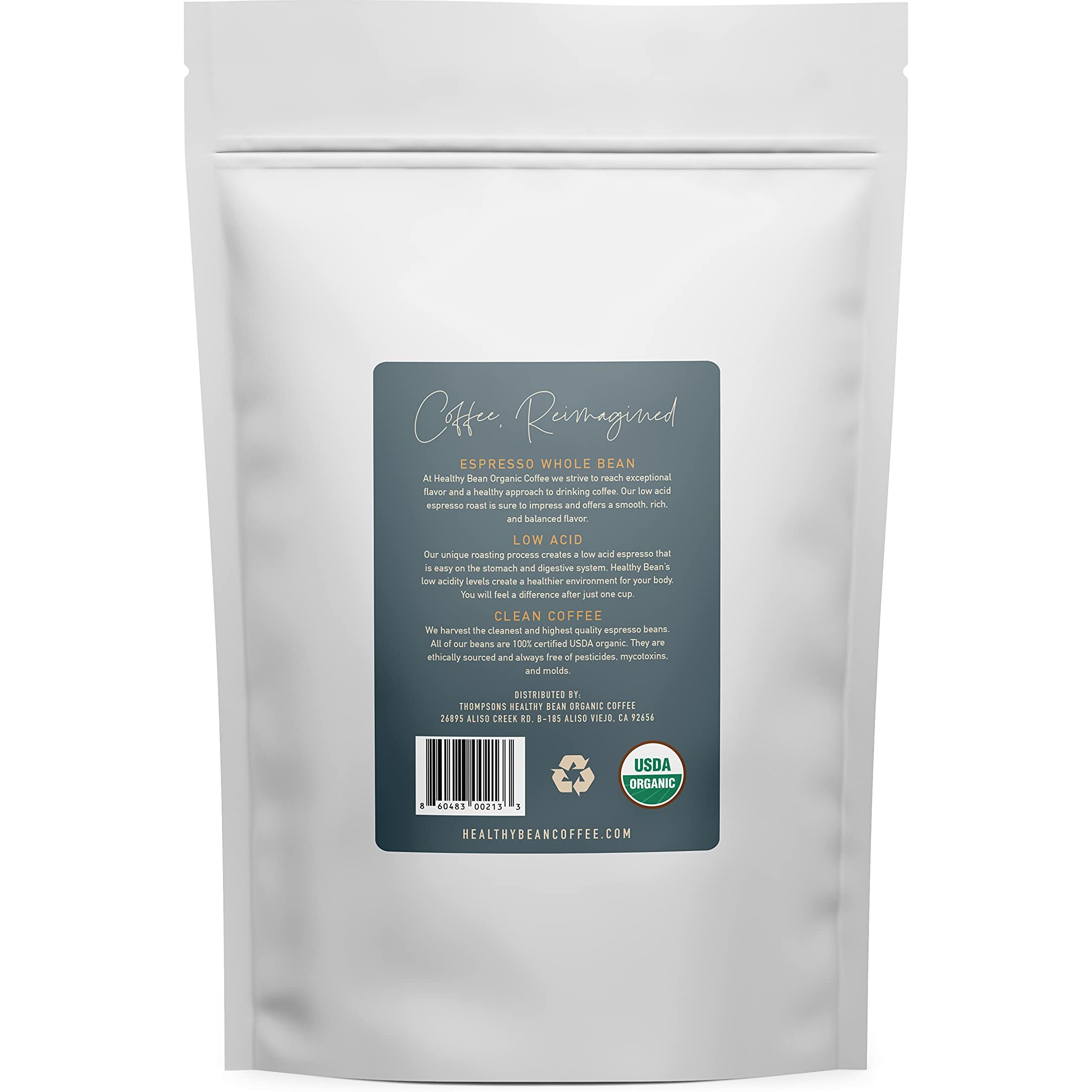 Healthy Bean Coffee - Organic Espresso Beans Whole - Low Acid Whole Bean Coffee, Strong, Rich Flavor Clean & Healthy Coffee - Usda Organic Low Acid Coffee Beans Whole, Mycotoxin Free Coffee, 11Oz