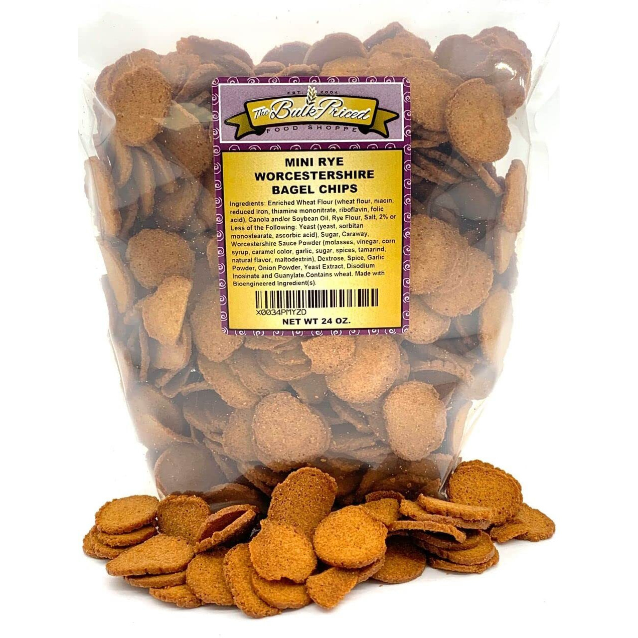 Mini Rye Worcestershire Bagel Chips, Bulk Size, (1.5 Lb. Resealable Zip Lock Stand Up Bag)