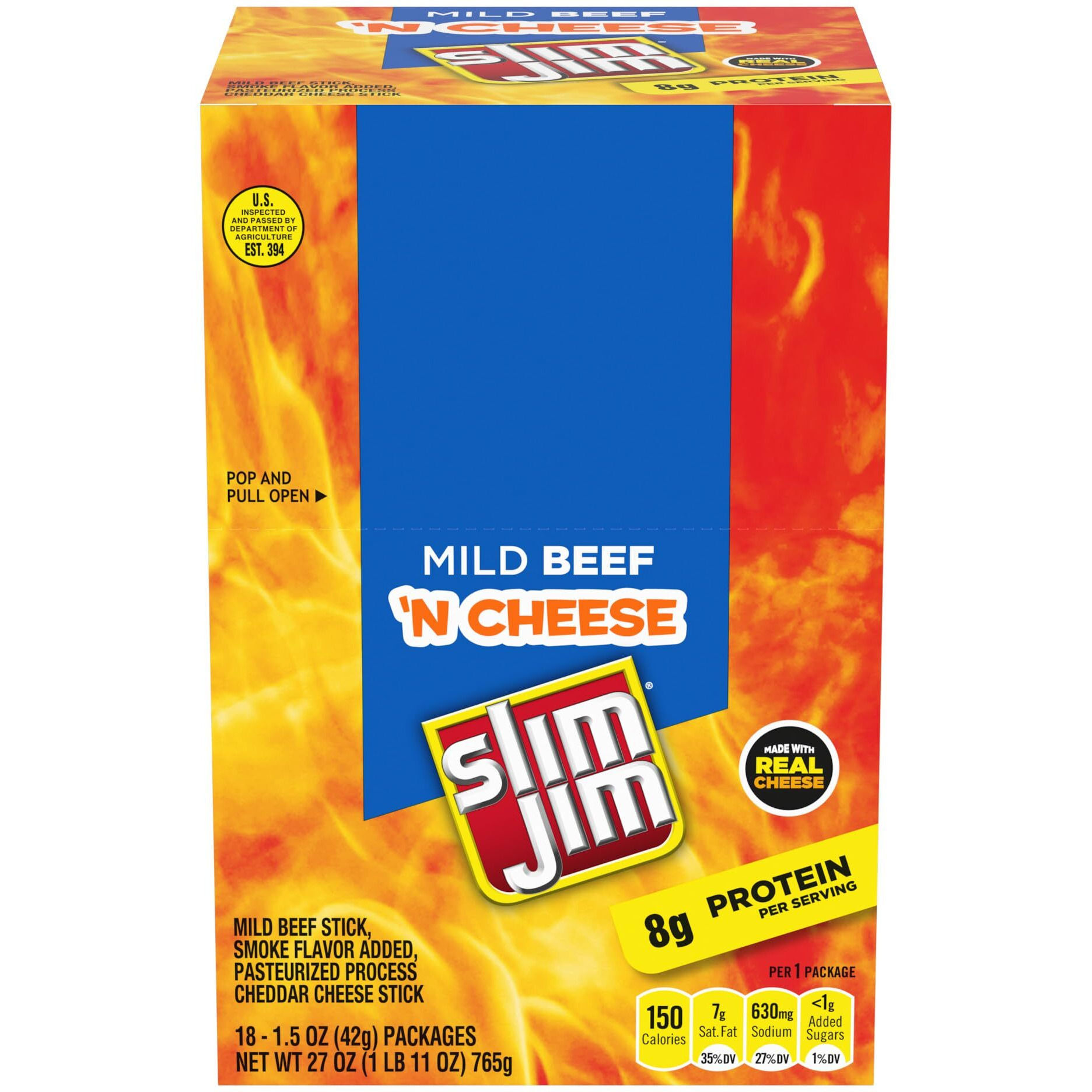 Slim Jim Beef And Cheese Stick, Mild Flavor, 1.5 Oz. 18-Count