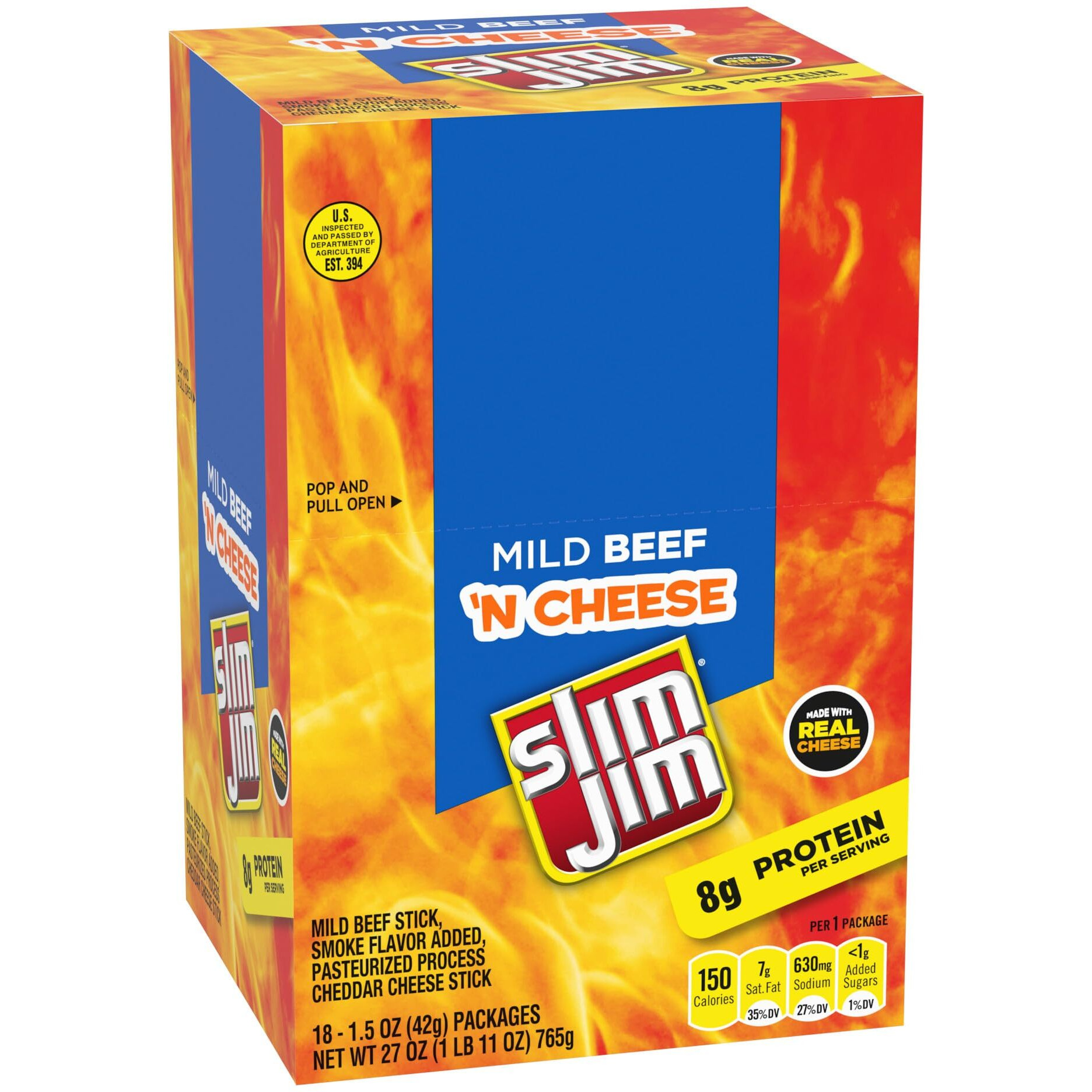 Slim Jim Beef And Cheese Stick, Mild Flavor, 1.5 Oz. 18-Count